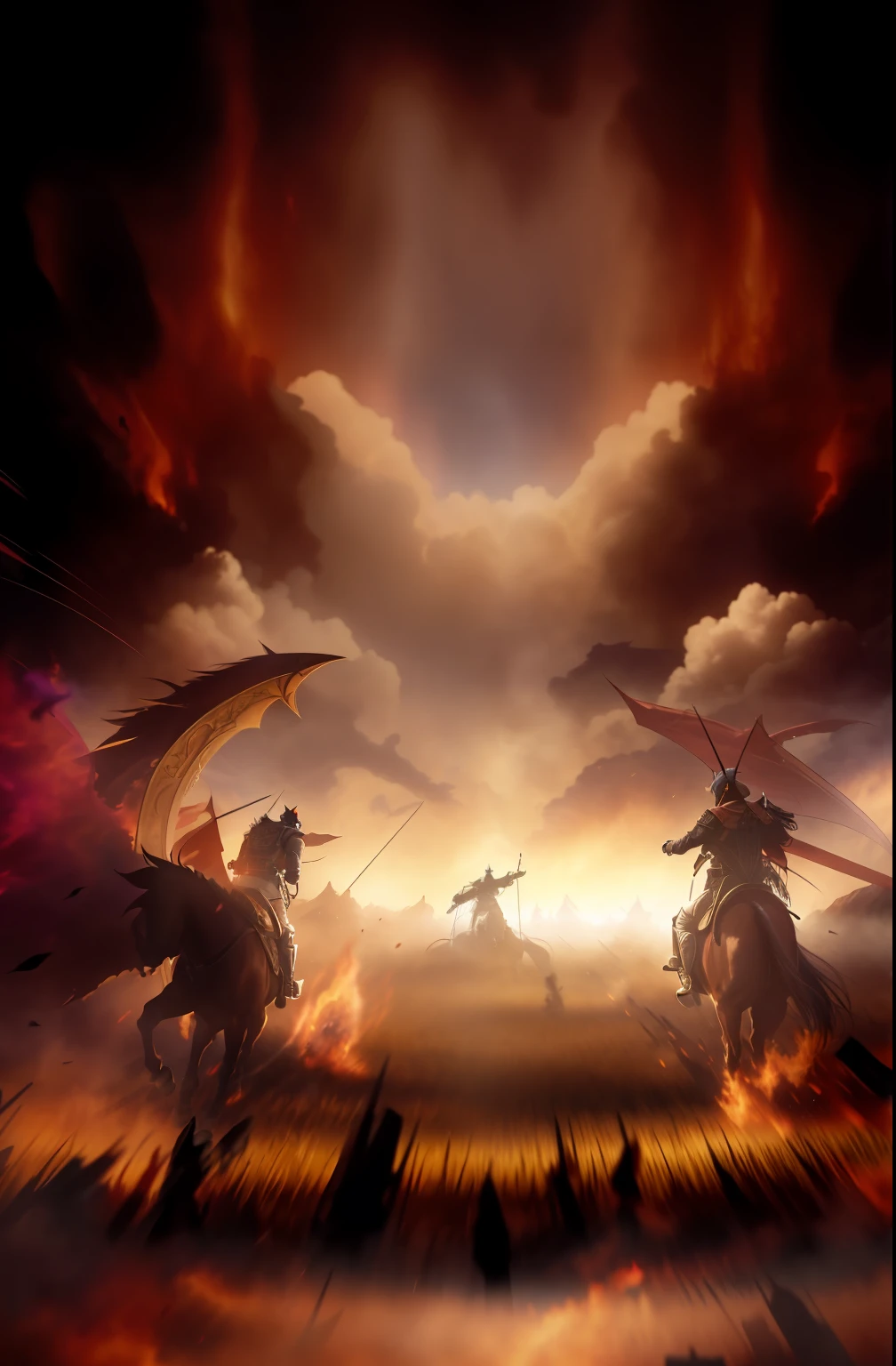 There were two men in the field riding a horse, Hell background, Hellfire background, an ominous fantasy illustration, Hellscape, the final battle in hell, Anime epic artwork, Background: Battle scene, background artwork, concept piece, portal to hell, unlimited blade works, Burning battlefield background, background aerial battle, key art, epic digital painting, Mouth of hell
