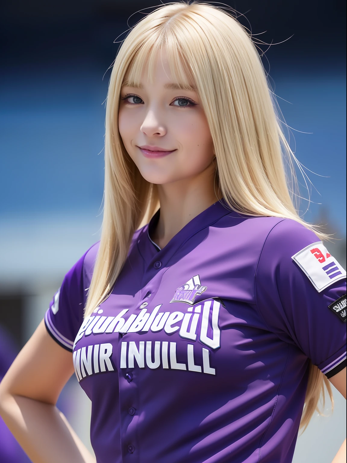 masuter piece, best qualtiy, ((realisitic)), ((1 person)), 8K picture quality, extremely delicate and beautiful, magnifica, Official art with attention to detail, Ridiculous, unbelievable Ridiculous, huge filesize, ultra-detailliert, ighly detailed, (Beautiful petite girl), (detailed girl), (Nordic beauty), Blonde hair, ((Perfect female figure)), large full breasts, Slim waist, big butts, (((Wearing a purple softball uniform))), ((Wearing a short)), (White underwear), High exposure, With bangs, Feminine look, ssmile, (Baseball Stadium)