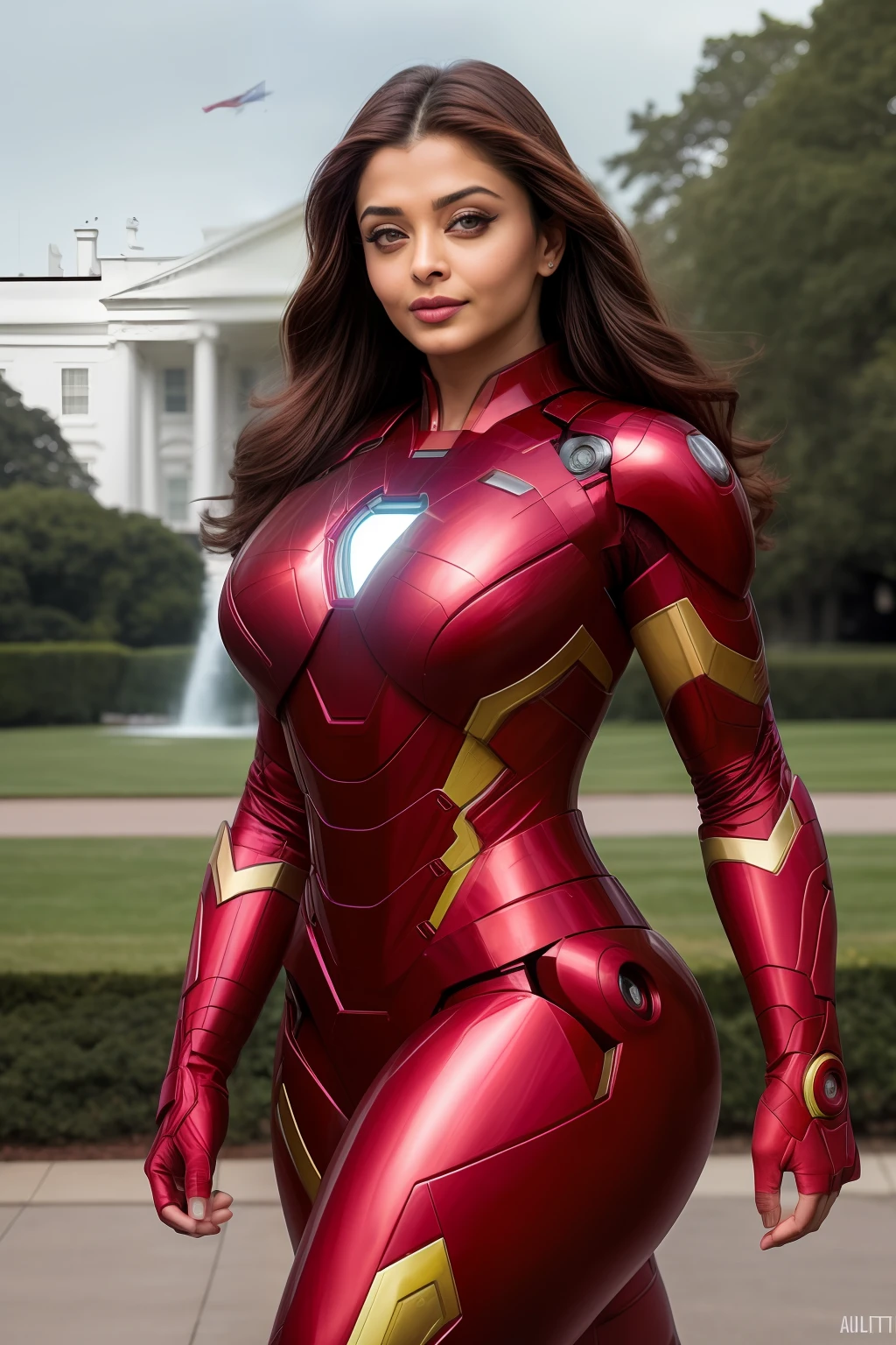 Aishwarya rai as iron man superhero, no forehead marking, full body image, red ironman suit, athletic curvy figure, open hair, posing in front of white house USA, day scene, hourglass figure, small breasts, fit, seductive face, look at camera and laugh, erotic adult face, 40 yo, soft volumetric lights, intricate details, (ArtStation:1.2)