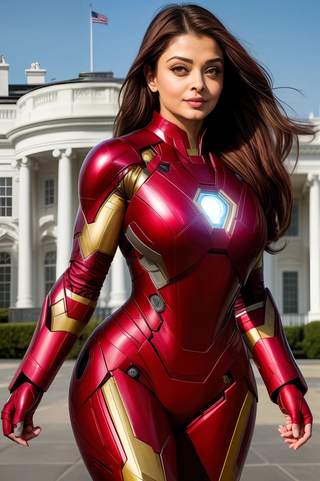 Aishwarya rai as iron man superhero, no forehead marking, full body image, red ironman suit, athletic curvy figure, open hair, posing in front of white house USA, day scene, hourglass figure, small breasts, fit, seductive face, look at camera and laugh, erotic adult face, 40 yo, soft volumetric lights, intricate details, (ArtStation:1.2)