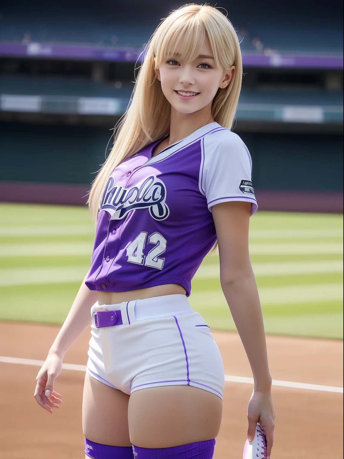 masuter piece, best qualtiy, ((realisitic)), ((1 person)), 8K picture quality, extremely delicate and beautiful, magnifica, Official art with attention to detail, Ridiculous, unbelievable Ridiculous, huge filesize, ultra-detailliert, ighly detailed, (Beautiful petite girl), (detailed girl), (Nordic beauty), Blonde hair, ((Perfect female figure)), large full breasts, Slim waist, big butts, (((Wearing a purple softball uniform))), ((Wearing a short)), (White underwear), High exposure, With bangs, Feminine look, ssmile, (Baseball Stadium)