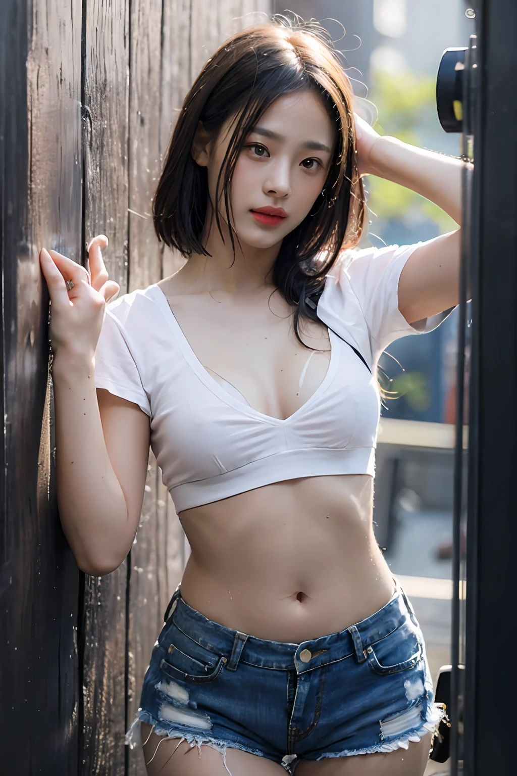 Best Quality, Masterpiece, The ultra-Highres, (realisitic: 1.4), OriginalPhoto, Official Art, wall paper, Bust Photo, skin, Simple background, Black eyes, Details, finger, 1 Girl,,White shirt,Belly Navel,Ragged Jean Shorts,Breeze,sunlights,Water Mist,Studio Light,wetty body,shower,the sweat,nipplestits,Nipslip