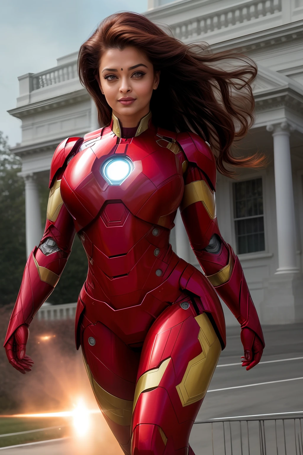 Aishwarya rai as iron man superhero, no forehead marking, full body image, red ironman suit, athletic curvy figure, open hair, posing in front of white house USA, day scene, hourglass figure, small breasts, fit, seductive face, look at camera and laugh, erotic adult face, 40 yo, soft volumetric lights, intricate details, (ArtStation:1.2)