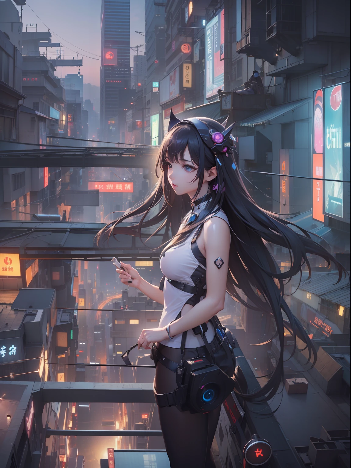 (((masterpiece)))、(((top-quality)))、((ultra-definition))、(High Definition CG Illustration)、((extremely delicate and beautiful))、overlooks、City of the Future、 Cinematic Light、cyberpunkcity、animesque、trending on artstationh、Rachel Walker、