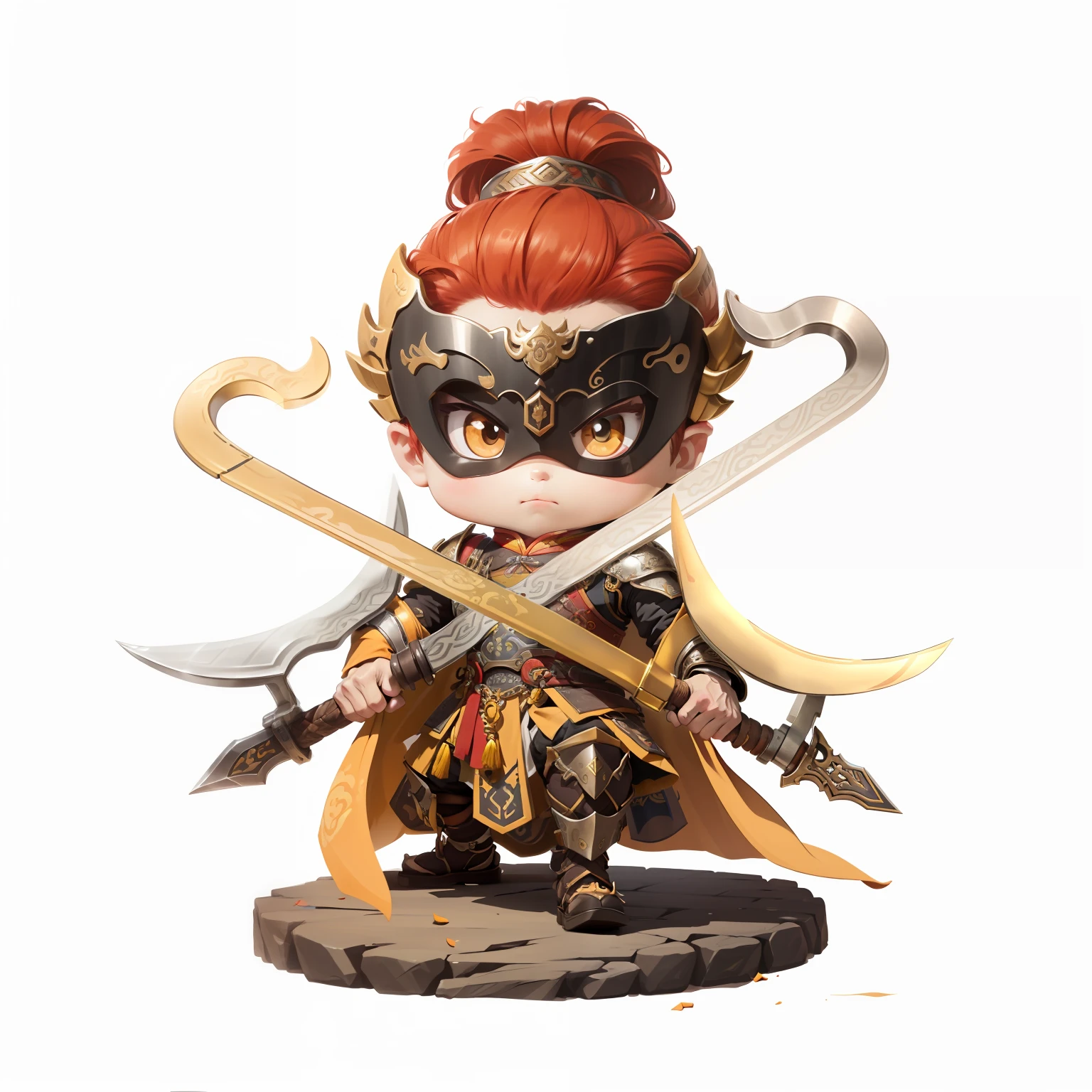 male people,Male characters,tchibi,Bad,Arms,Double hook weapon,Ancient Chinese weapons: Crescent hook,The handle has a delicate pattern,Shoulder blades,metal breastplate,chainmail,Animal pattern cuirass,chest plate,Bracers,Flowing hem,China-style,Chinese-style clothing,Chinese shoes,There are beautiful patterns on the weapon grips,Refinement,Fine painting,Refinement,infinite details,high definition detail,Patterned,Pattern,Blank background,Bright colors,Metal edging