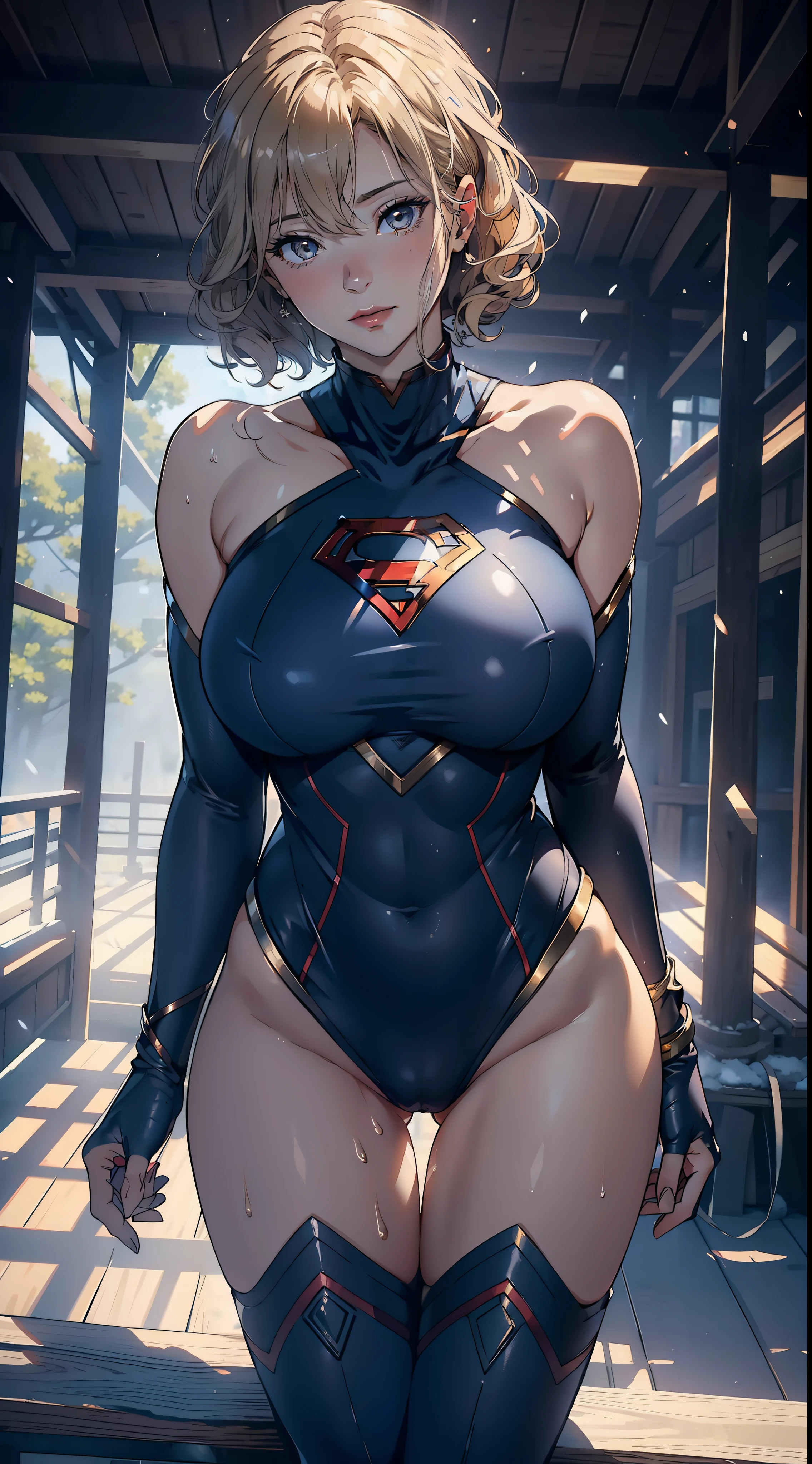 1female,45 yers old,Large breasts, 独奏,(Background with:coniferous forest,at winter season,Snow on the ground) She has short blonde hair, standing on your feet,Face the audience,Sweat profusely,drenched all over the body,From the front side, curlies, mostly cloudy sky,(((tmasterpiece),(Very detailed CG unity 8K wallpaper),best qualtiy,cinmatic lighting,detailed back ground,beatiful detailed eyes,Bright pupils,(Very fine and beautiful),(Beautiful and detailed eye description),ultra - detailed,tmasterpiece,)),facing at camera,A high resolution,ultra - detailed),Beautiful leg stockings,Supergirl,tightsuit,Pornographic exposure,Pussy bulge,Camel toes,Bare breasts