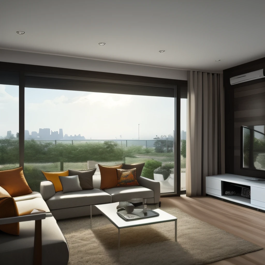 High resolution concept art for apartment living room,Higher detail,Floor-to-ceiling windows and medieval modern furniture, film lighting, CGsociety