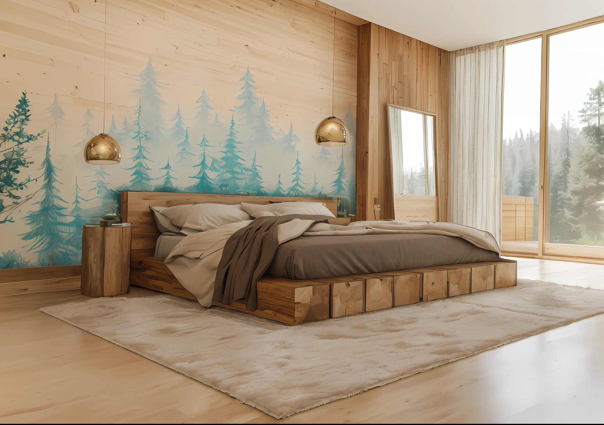 RAW photo, 8k uhd, dslr, masterpiece, high quality, interior, indoors, ((highly detailed materials surface)), furniture, focus on architecture, bedroom, mirror, glass door, carpet, wallpaper, pendant, side table, forest background, flat ceiling,wall decor paintings, soft lighting, direct softly morning light , interior lighting, tree outdoors, balcony, lighten wood floor, rustic style