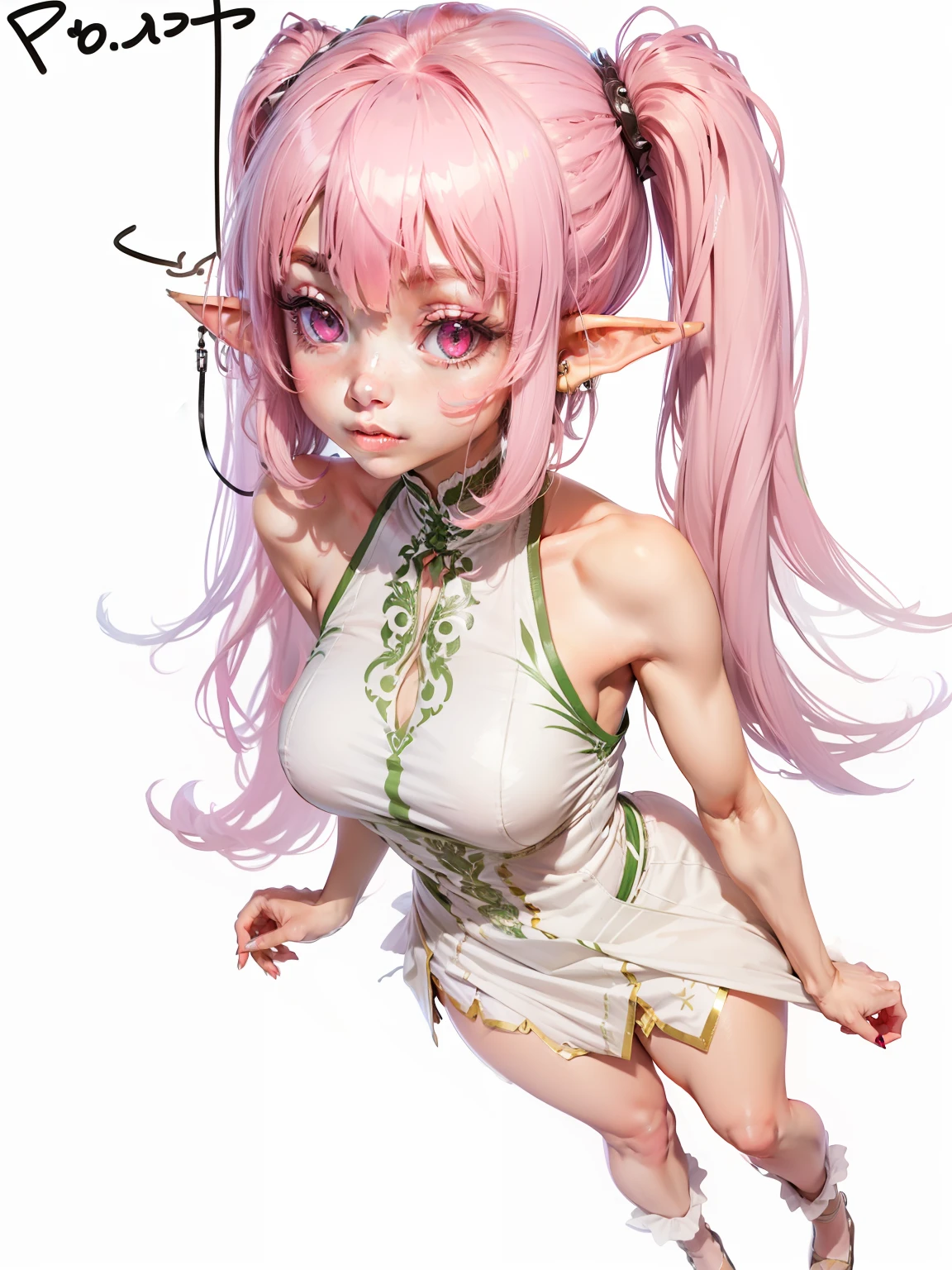 1girl,pink hair, pink Eyes, elf ears, shy