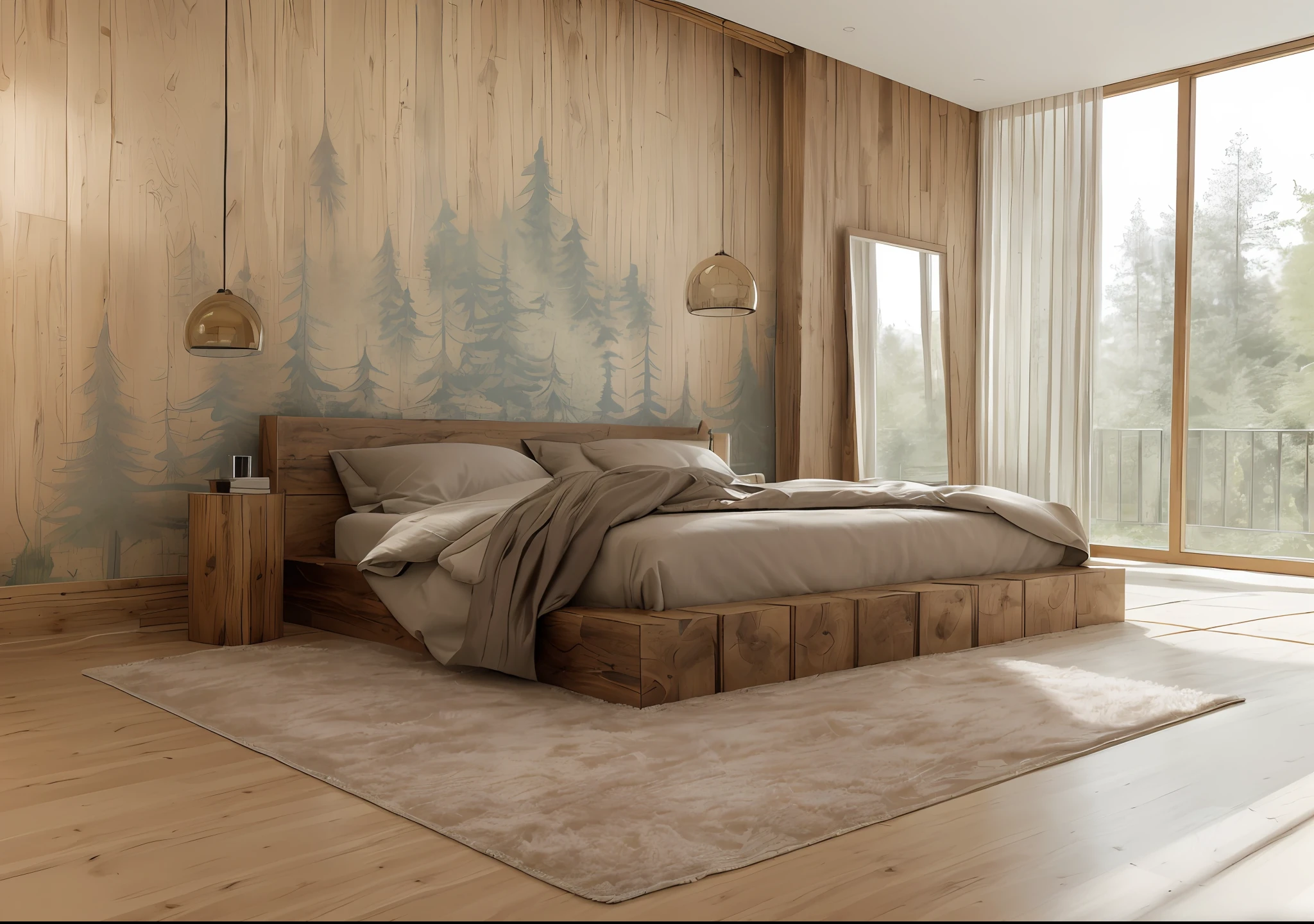 RAW photo, 8k uhd, dslr, masterpiece, high quality, interior, indoors, ((highly detailed materials surface)), furniture, focus on architecture, bedroom, mirror, glass door, carpet, wallpaper, pendant, side table, forest background, flat ceiling,wall decor paintings, soft lighting, direct softly morning light , interior lighting, tree outdoors, balcony, lighten wood floor, rustic style, black tone