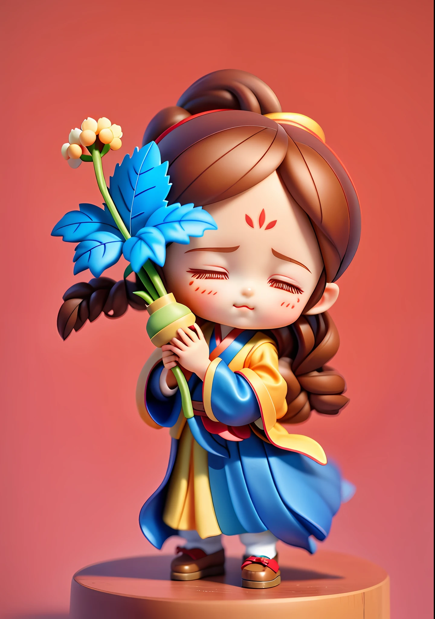 a blind box toy,A cute antique ,cute face,Brown hair long,Coiled hair,wearing a hanfu,The coat is blue,Undershirt red,Holding a ginseng in his hand