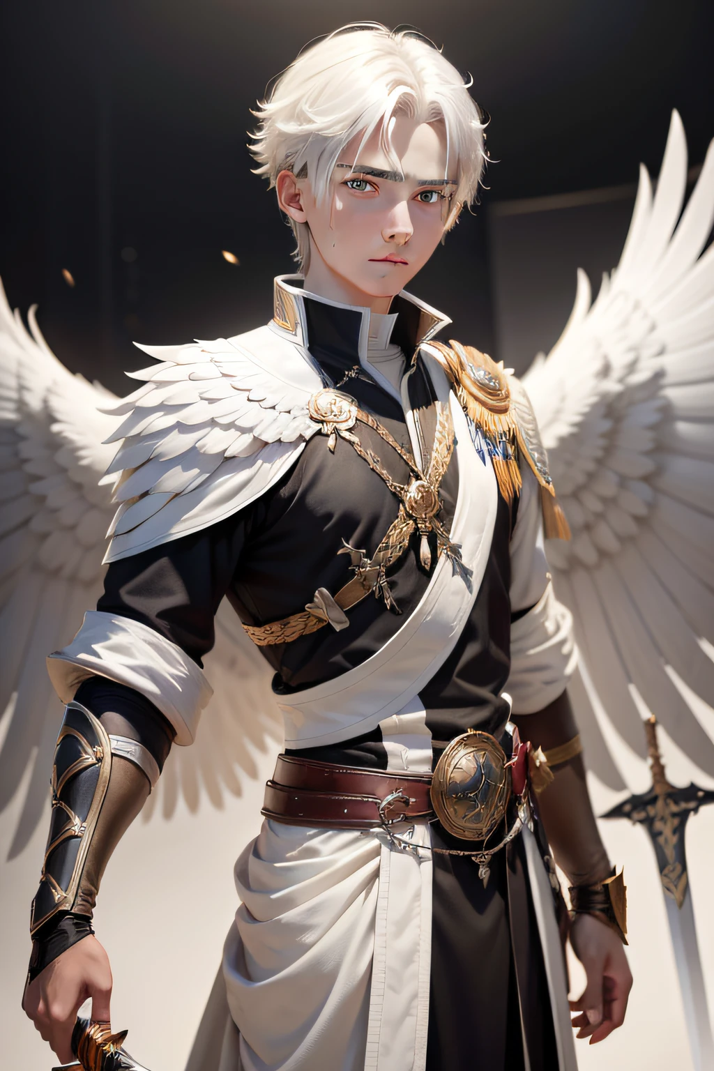 young male,White pupils,black color hair,The sword,White wings,White feathers