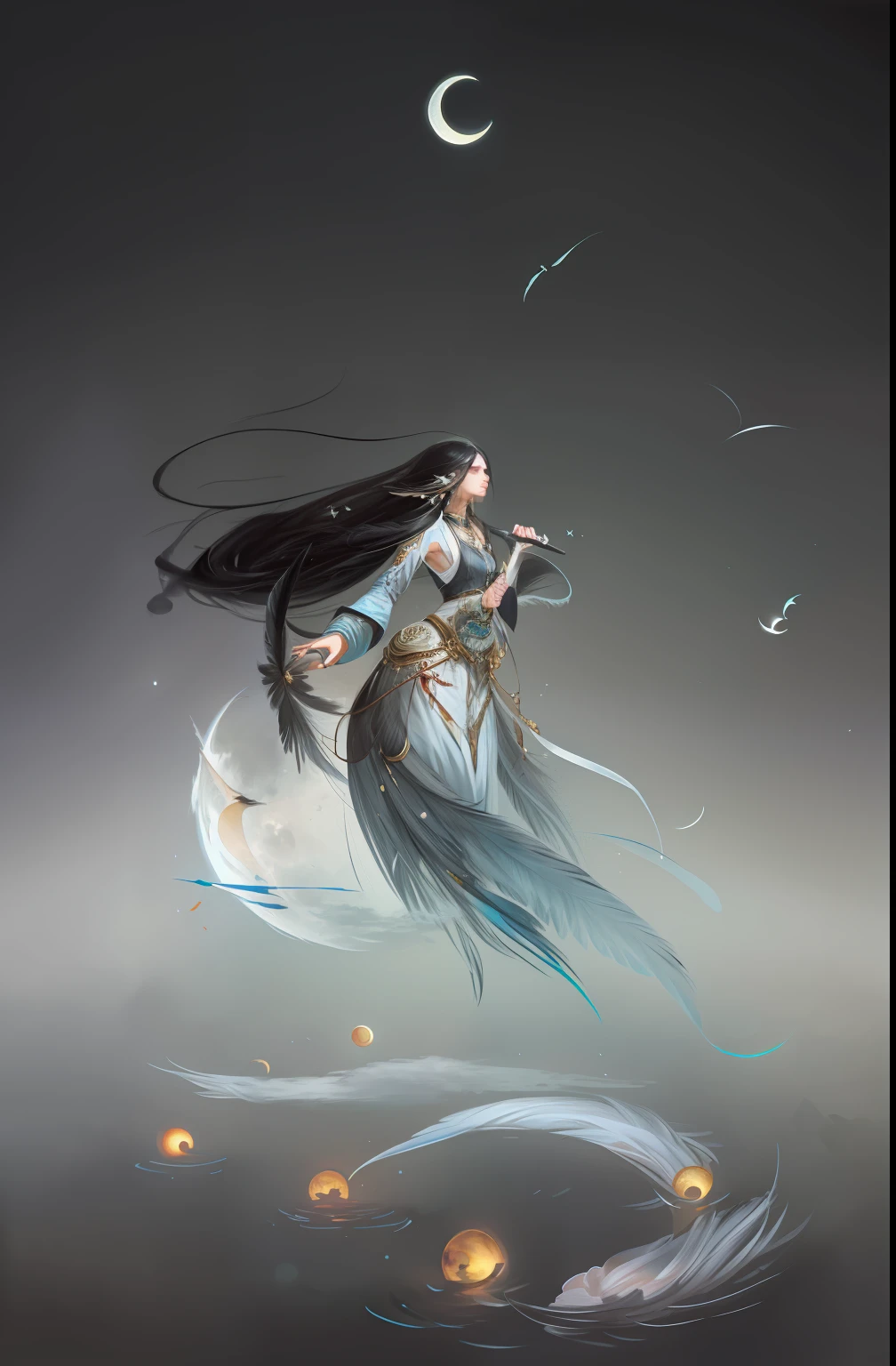 shanze, moon, cloud, crescent moon, sky, 1girl, long hair, solo, black hair, painting (medium), night, jewelry, traditional media, bird, feathers,
high quality,
