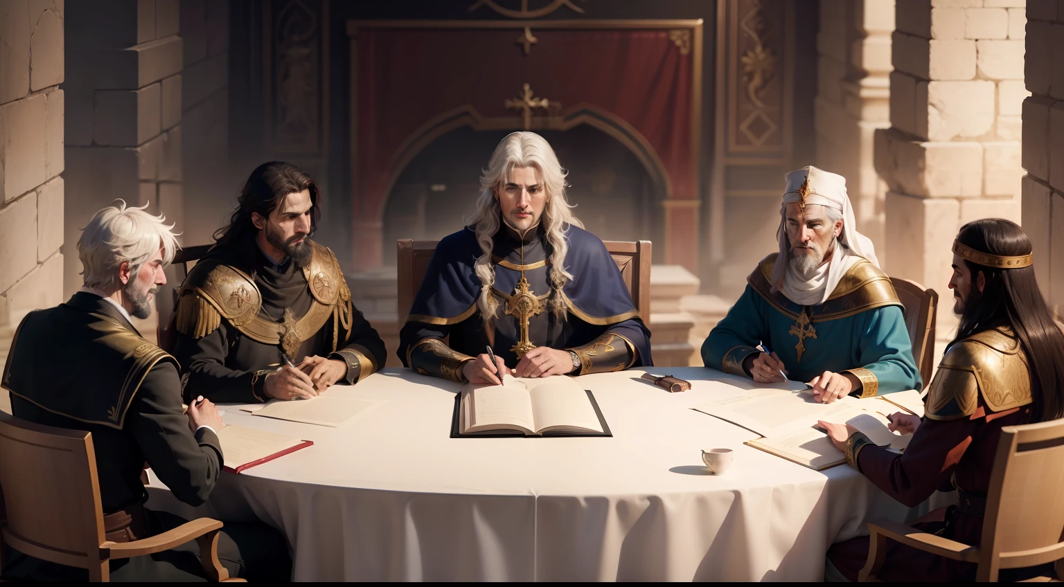 Illustrate a scene from the Council of Nicaea, capturing the theological discussions and debates that shaped the foundation of Christian beliefs during Constantine's reign.