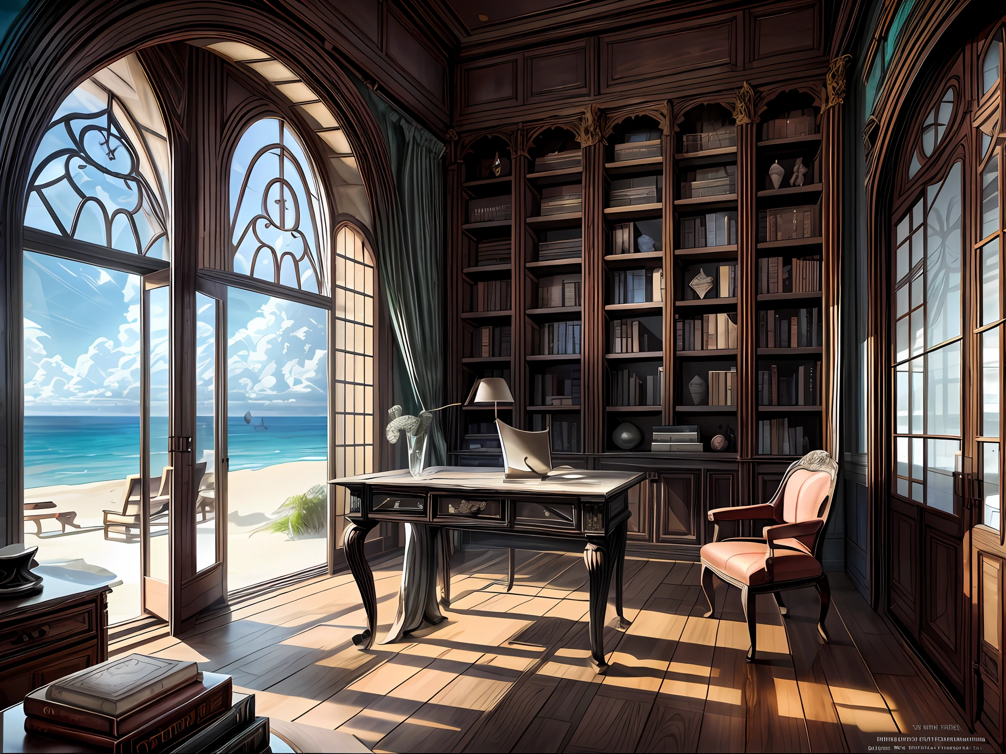 A medieval yet sophisticated home interior with floor-to-ceiling bookshelves showcasing a vast collection of books, a large glass and metal desk with a clean design, a modern ergonomic chair in wood and leather and an inspiring view of the ocean and beach, a lively landscape through the window, a perfect blend of aesthetics.