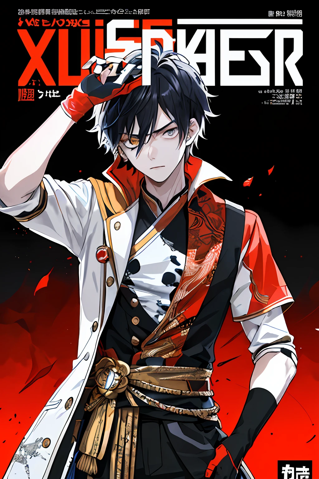 ((((dramatic))), (((gritty))), (((intense))) The movie poster features a young man as the central character。He stands confident in the center of the poster,Dress in fashion-forward clothing,with a determined expression on her face。The background is dark and gritty,There is a sense of danger and a strong feeling。The text is bold and eye-catching,With catchy slogans,Adds to the overall drama and excitement。The color palette is dominated by dark colors,Dotted with bright colors,Make the poster dynamic and visually striking,tachi-e (magazine:1.3), (cover-style:1.3), fashionable, man, vibrant, outfit, posing, front,rich colourful,dyna,Background with,element in,self-assured,Expressing the,halter,statement,attachment,A majestic,coil,Runt,Touching pubic area,Scenes,text,Cover of a,boldness,attention-grabbing,titles,Fashionab,typeface,Catchy,titles,more big,smart、moderno、Trendy、focus-on、Fashionab、