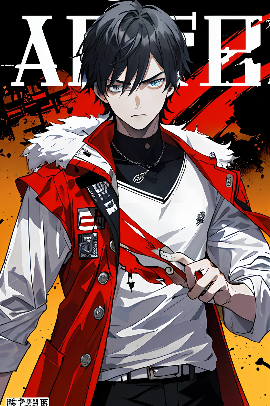 ((((dramatic))), (((gritty))), (((intense))) The movie poster features a young man as the central character。He stands confident in the center of the poster,Dress in fashion-forward clothing,with a determined expression on her face。The background is dark and gritty,There is a sense of danger and a strong feeling。The text is bold and eye-catching,With catchy slogans,Adds to the overall drama and excitement。The color palette is dominated by dark colors,Dotted with bright colors,Make the poster dynamic and visually striking,tachi-e (magazine:1.3), (cover-style:1.3), fashionable, man, vibrant, outfit, posing, front,rich colourful,dyna,Background with,element in,self-assured,Expressing the,halter,statement,attachment,A majestic,coil,Runt,Touching pubic area,Scenes,text,Cover of a,boldness,attention-grabbing,titles,Fashionab,typeface,Catchy,titles,more big,smart、moderno、Trendy、focus-on、Fashionab、