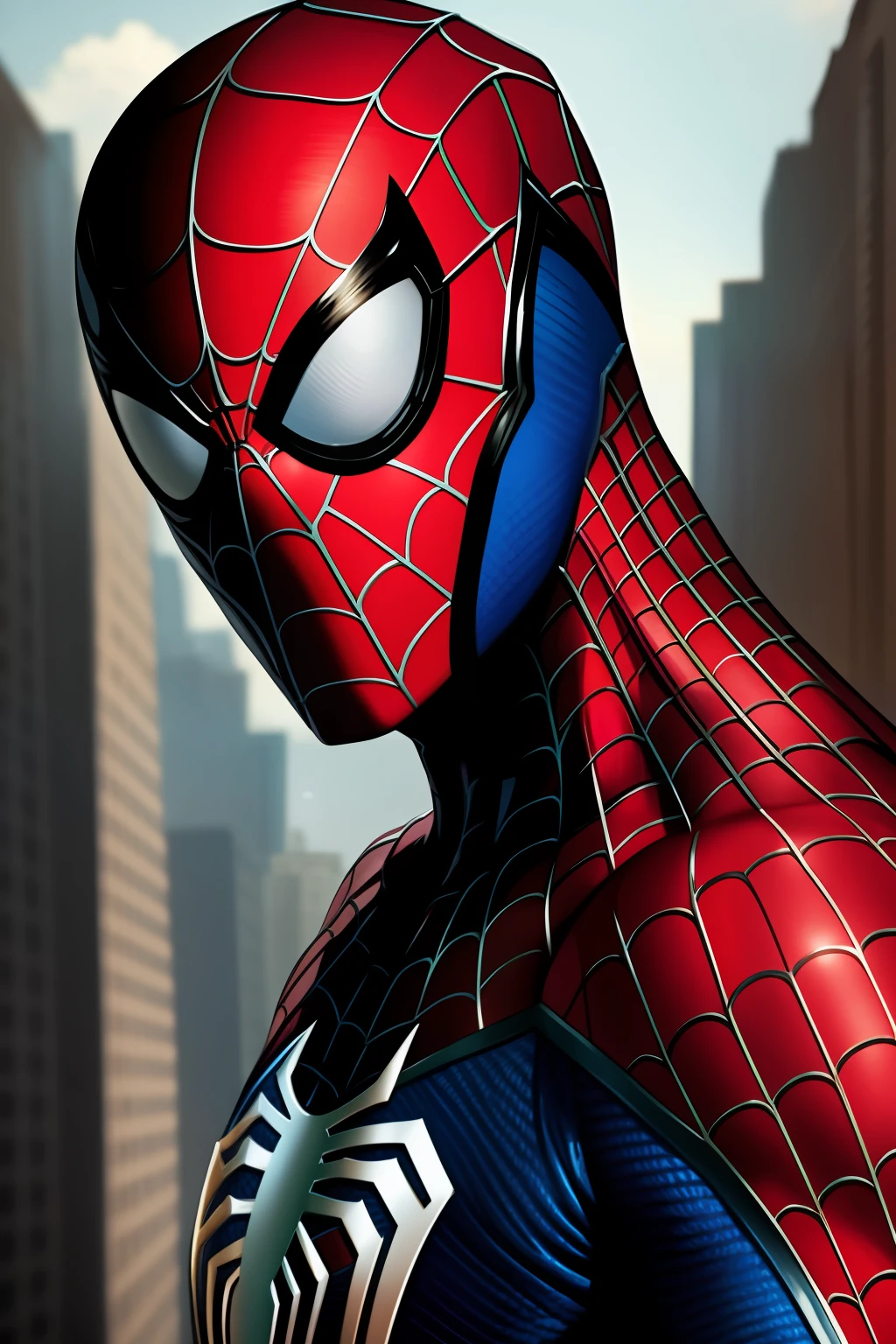 masterpiece, best quality, realistic, half body shot of Spiderman, marvel cinematic, detailed face, 8k, uhd, sharp focus