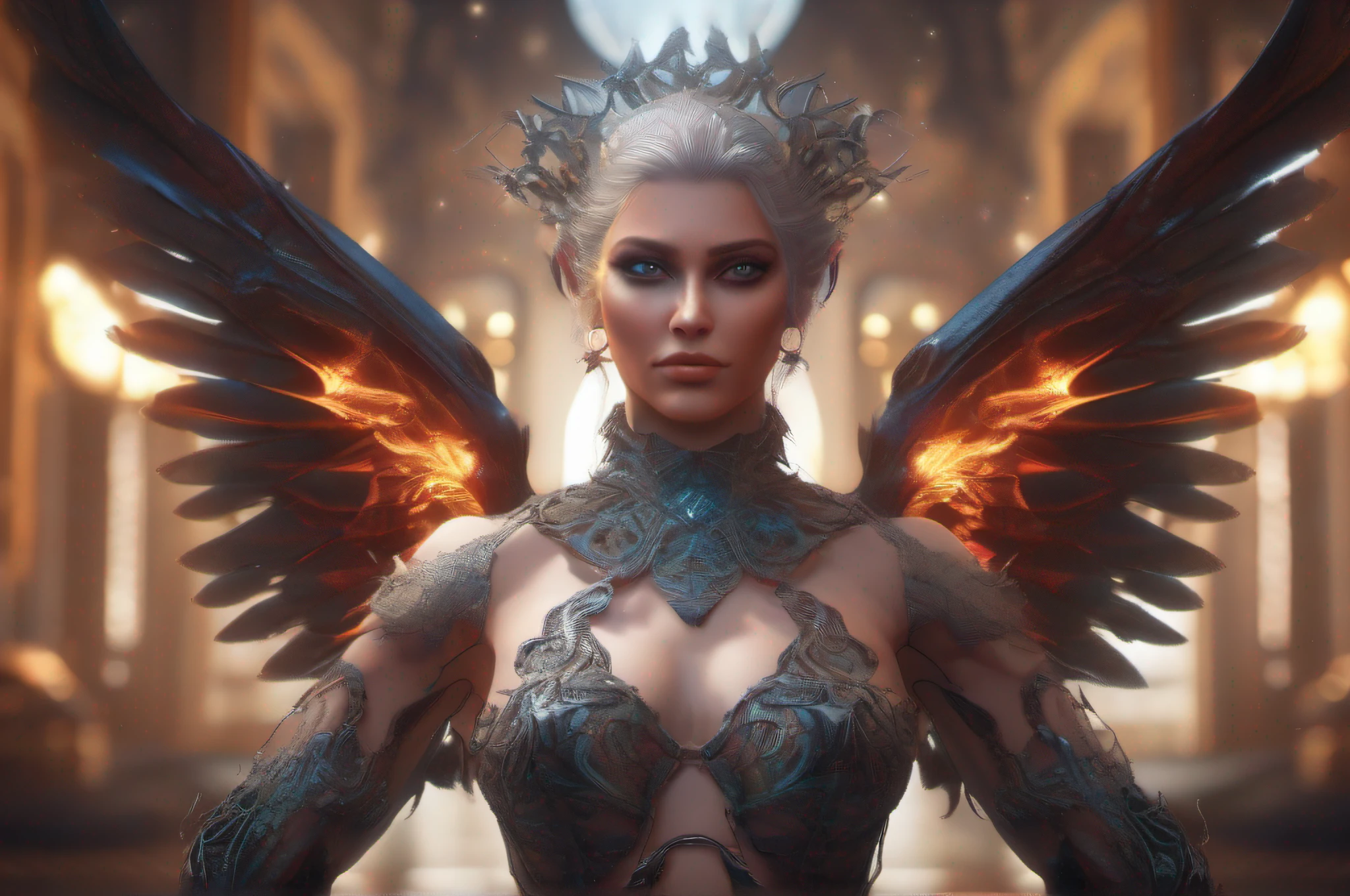 an adult demon angel lady nudity, high resolution, prefect outfit, surrounded by soul vendors, color hair, silly eyes, bad smile, natural fantastic looks, strong power, elegant incredible stunning fantastic, elegant background, with intricate details and hyper-realistic textures. This stunning artwork is in 8K resolution and has a trending style on art station or a popular NFT and was created by famous popular artists. unreal engine finish, stunning image. a stunning realistic photograph 30 years. fractal isometrics details bioluminescent, The incredible background, incredible artwork for NFT platform, elegant photograph.
