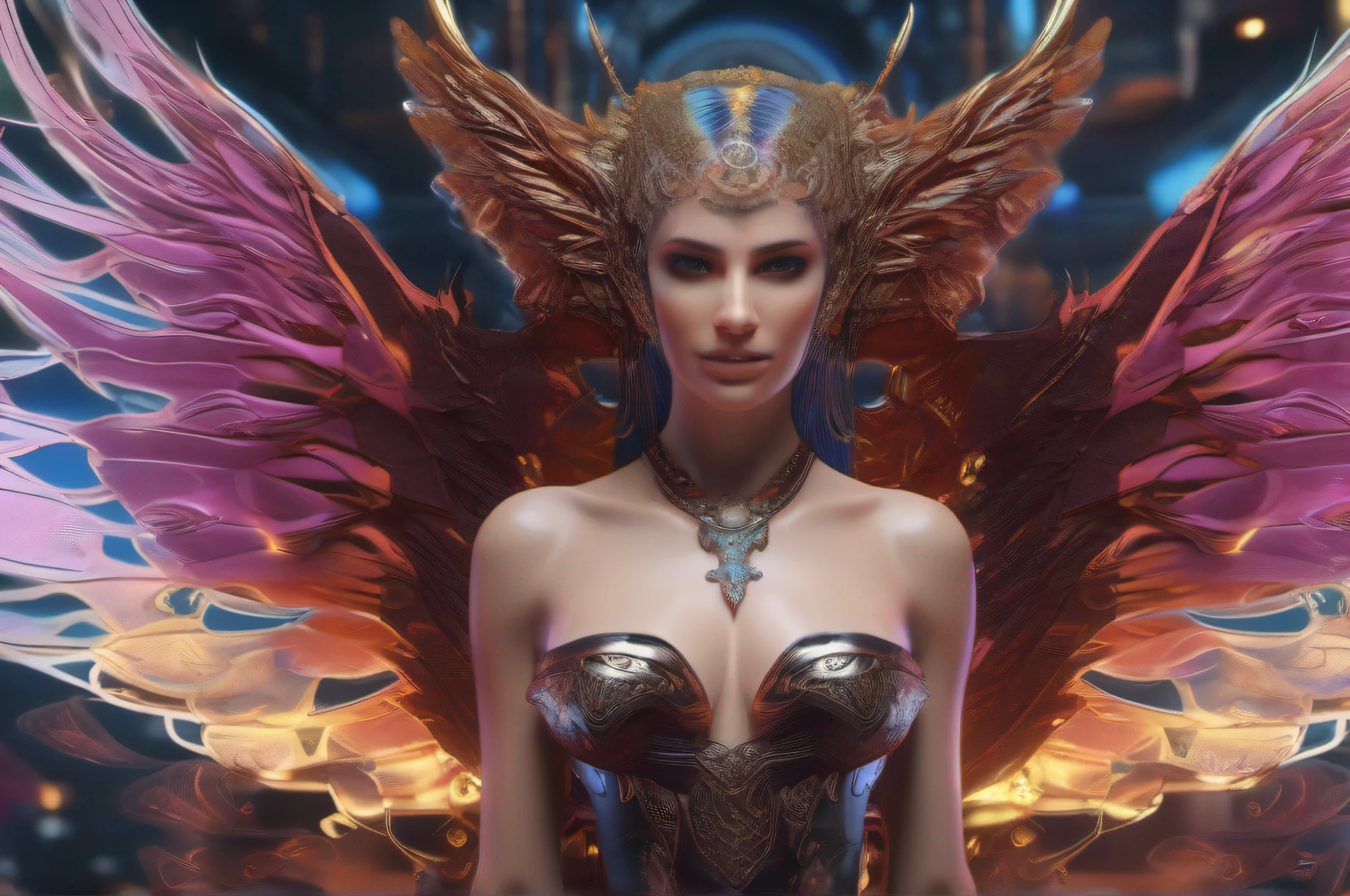 an adult demon angel lady nudity, high resolution, prefect outfit, surrounded by soul vendors, color hair, silly eyes, bad smile, natural fantastic looks, strong power, elegant incredible stunning fantastic, elegant background, with intricate details and hyper-realistic textures. This stunning artwork is in 8K resolution and has a trending style on art station or a popular NFT and was created by famous popular artists. unreal engine finish, stunning image. a stunning realistic photograph 30 years. fractal isometrics details bioluminescent, The incredible background, incredible artwork for NFT platform, elegant photograph.