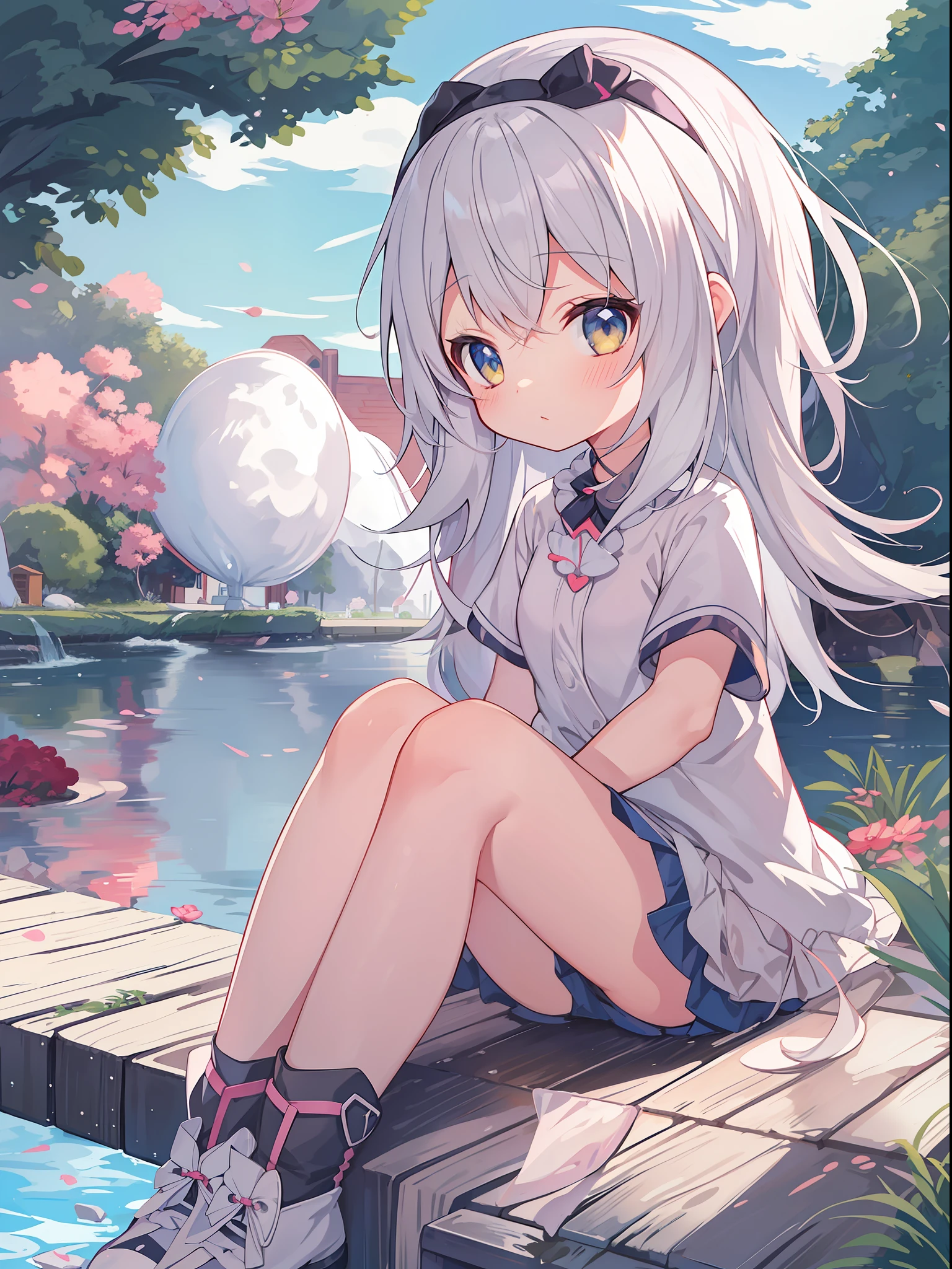 Anime girl sitting on dock,In the background is a pond, Perfect white haired girl, Splash art anime , anime visual of a cute girl, White-haired god, small curvaceous lolirl with white hair, style of anime4 K, white haired Cangcang, Anime girl with long hair, White-haired, Cute anime girl, small loli gir
