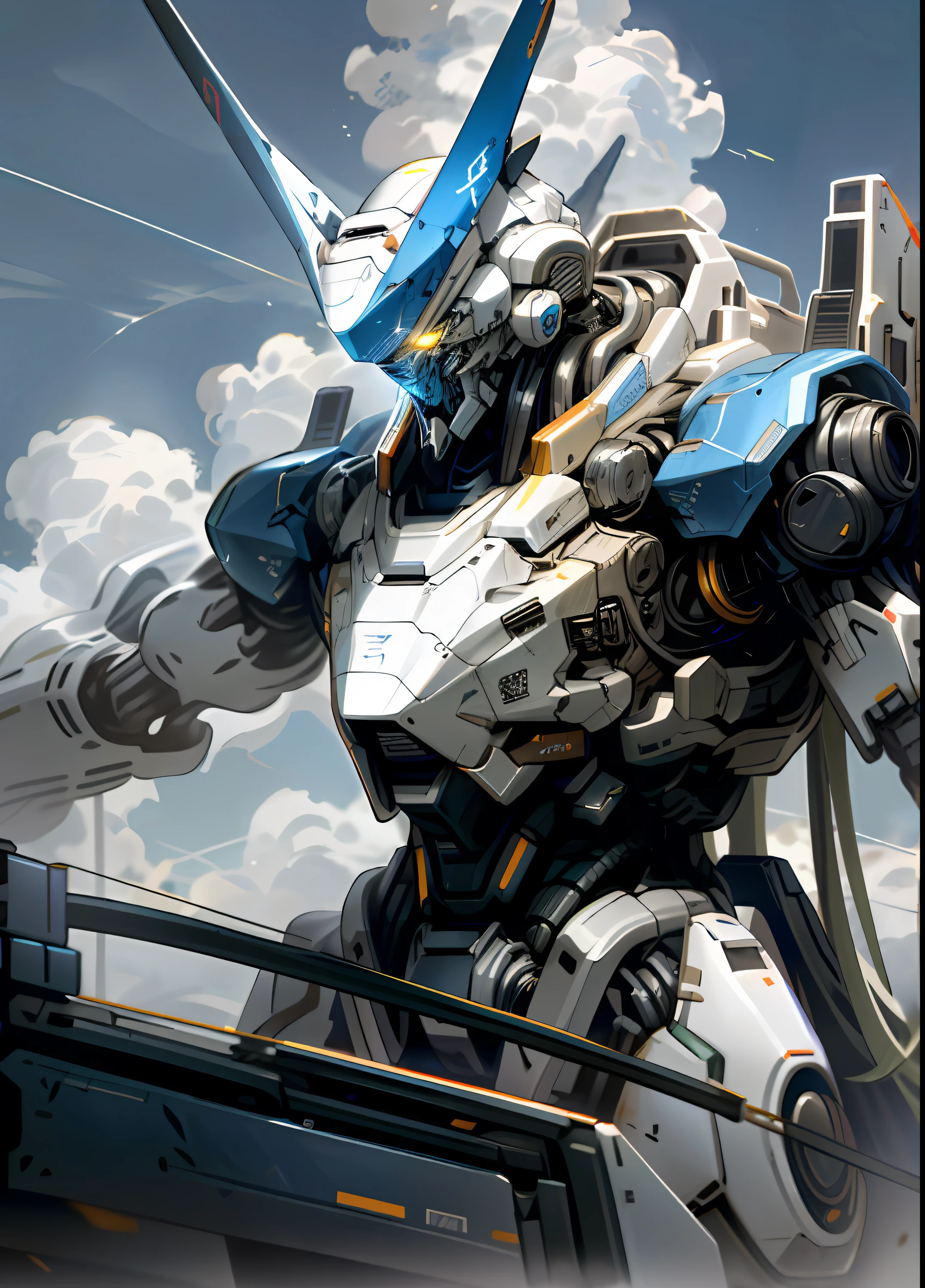 Skysky,clouds,Holding_arma,No_Humanity,with light glowing,,droid,buliding,Mecha,scientific fiction,城市,Realistis,Mecha,Blue exoskeleton armor