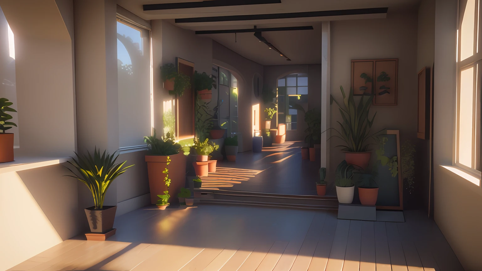 There are a lot of plants in the pots on the walls, rendered in unreal engine 4k hq, rendered in unreal engine 4 k hq, volumetric natural light, rendered lighting, 3D Unreal Engine rendering, 3D Unreal Engine rendering, high quality 3d render, high quality 3 d render, realistic soft lighting, Realistic afternoon lighting