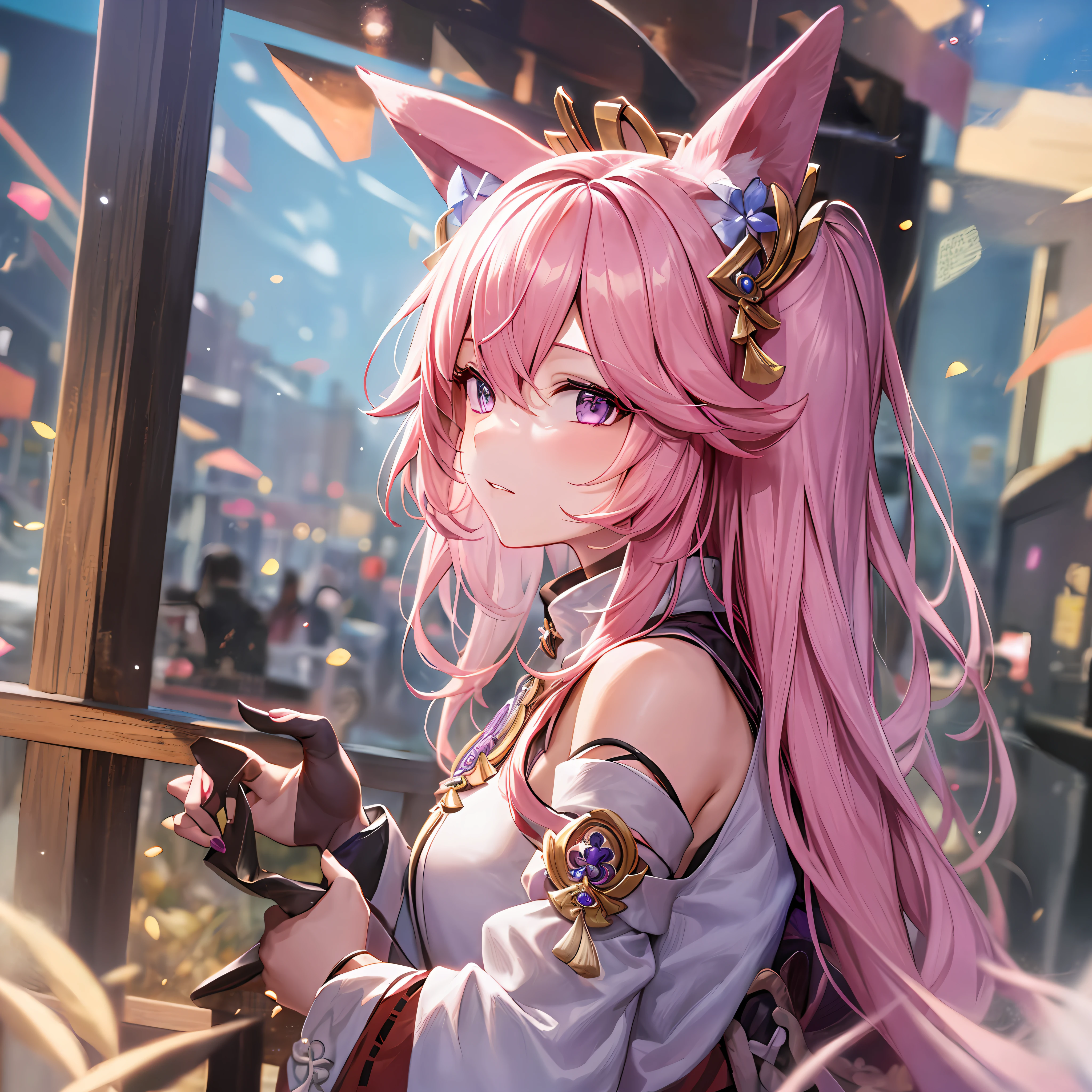 Mast, best quality, 1 girl, yae miko \ (Genshin Impact), pink hair, purple eyes, long hair, fox ears, hair accessories, looking at the audience, from the side