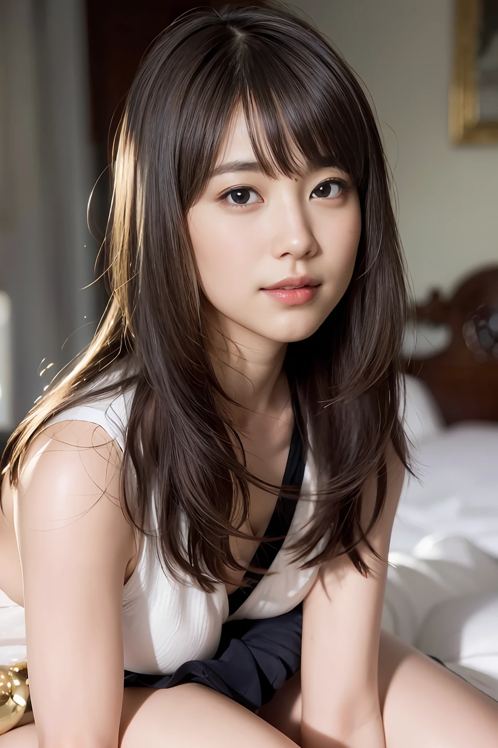 Pubic hair,Naked, Full body, Colossal tits,Beautiful detailed eyes, (Long hair:1.2),  (8K, Best Quality, masutepiece:1.2), (Realistic, Photorealsitic:1.37), Ultra-detailed, 1 girl, Cute, Solo, (nose blush)，Sit and open legs，on the bed，childish，see the beholder，White detailed skin，beautifull detailed face，A smile，tusk