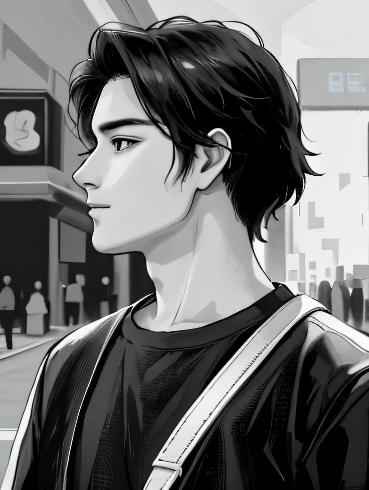young arafed man with a bag looking away from the camera, headshot profile picture, south east asian with round face, profile portrait, portait photo profile picture, profile shot, side profile centered portrait, profile picture, side profile portrait, profile photo, mid shot portrait, high quality, anime, black and white, semi-realistic.