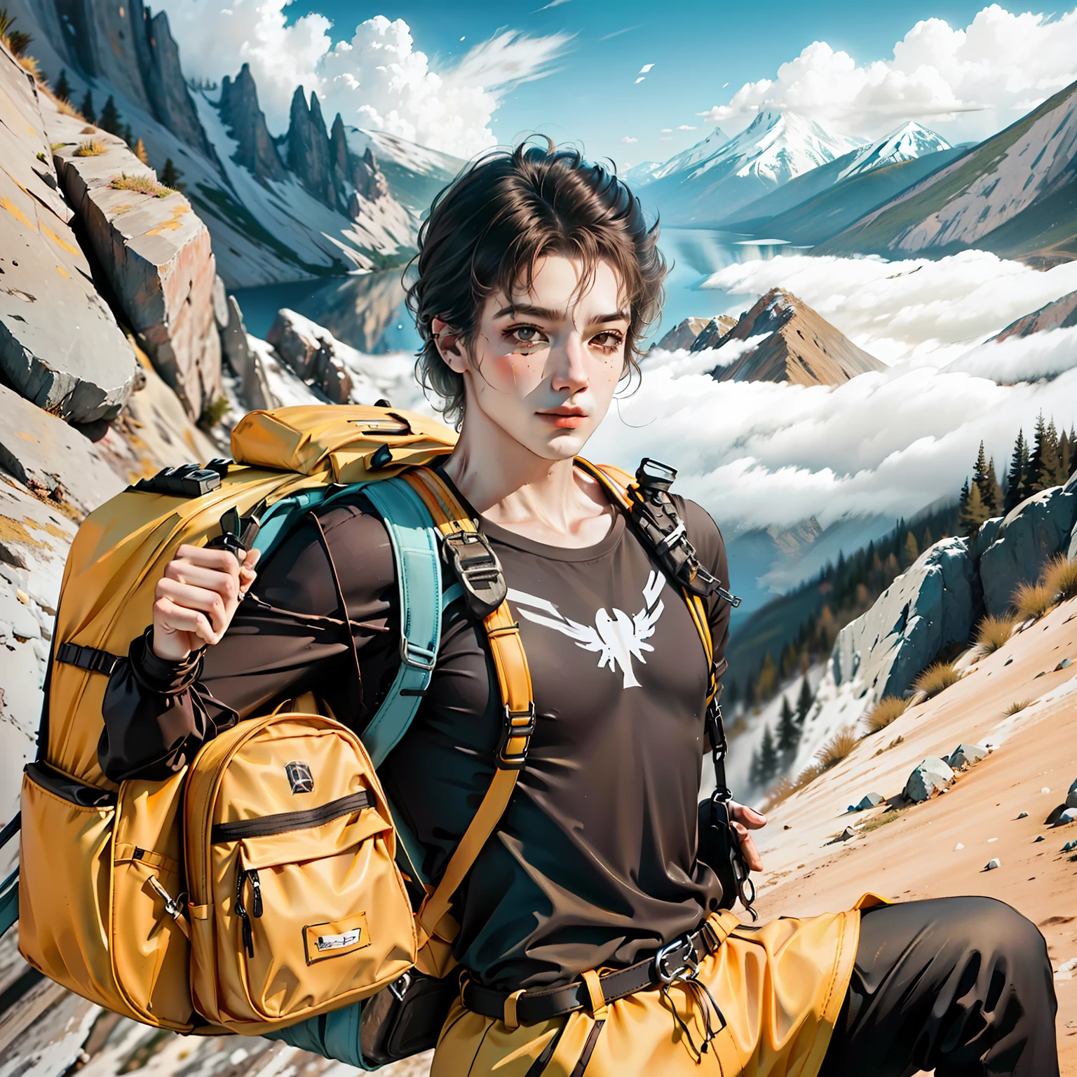 A man climbs a mountain with a yellow backpack on his back