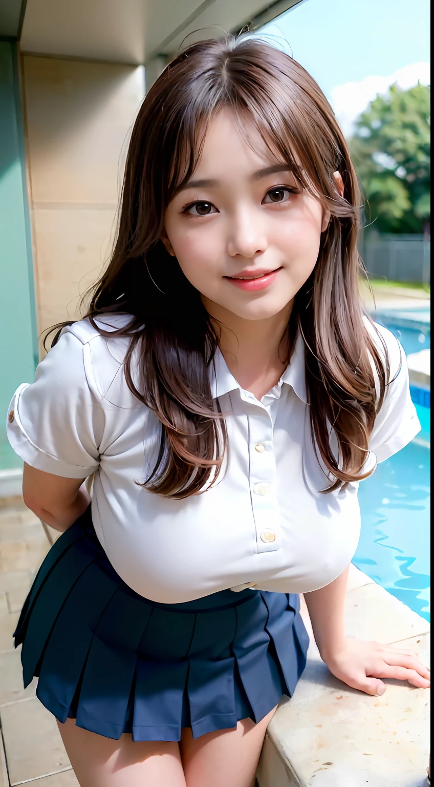 ((8K、Raw photography、top-quality、masterpiece)、(realisitic、photorealisim:1.37)、(top-quality)、(Best Shadows)、(The best illustrations)、鎖骨((爆乳))、((A sexy、超A high resolution、High Definition CG Unified 8K Denden Wallpaper、physically-based renderingt、Cinematographic lighting)、25 year old girl、 (sockes、high-school uniform:1.2), beautiful finely detailed eyes, Light on the Face, ((FULL BODYSHOT:1.2)), especially strong light, (Grinning smile:1.2),glowy skin、( thick thight), full of shyness, (The Flash:1.2), NSFW, (puffies, ((enchanting posture:1.2, enticing:1.2)),face perfect、爆乳、Schools、full body Esbian、Pants are visible through the skirt、kawaii faces、Brown hair、in poolside、2 women、Game Center、