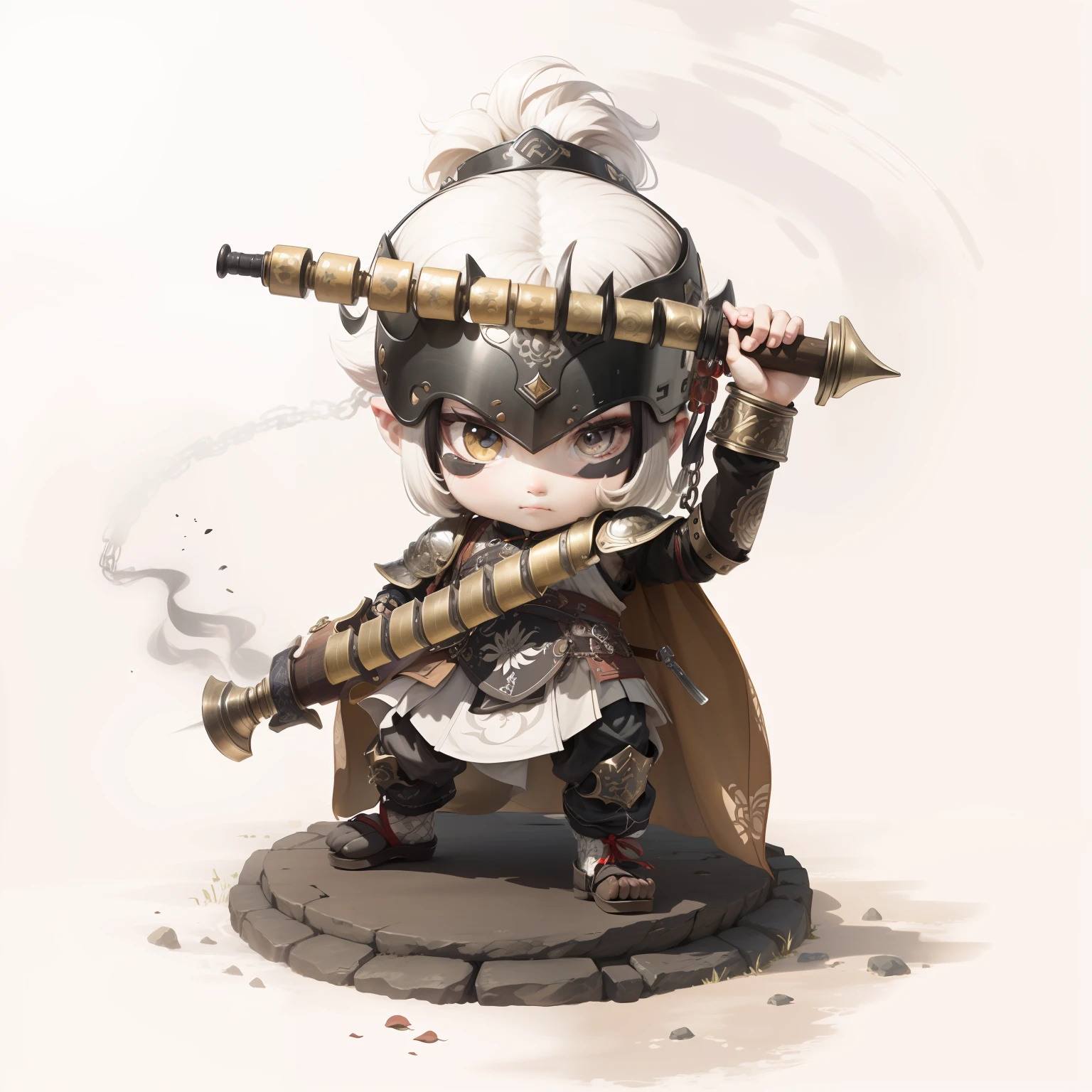 male people,Male characters,tchibi,Bad,Arms,Double weapon,Ancient Chinese weapons,The handle has a delicate pattern,Shoulder blades,metal breastplate,chainmail,Animal pattern cuirass,chest plate,Bracers,Flowing hem,China-style,Chinese-style clothing,Chinese shoes,There are beautiful patterns on the weapon grips,Refinement,Fine painting,Refinement,infinite details,high definition detail,Patterned,Pattern,Blank background,Bright colors,Metal edging