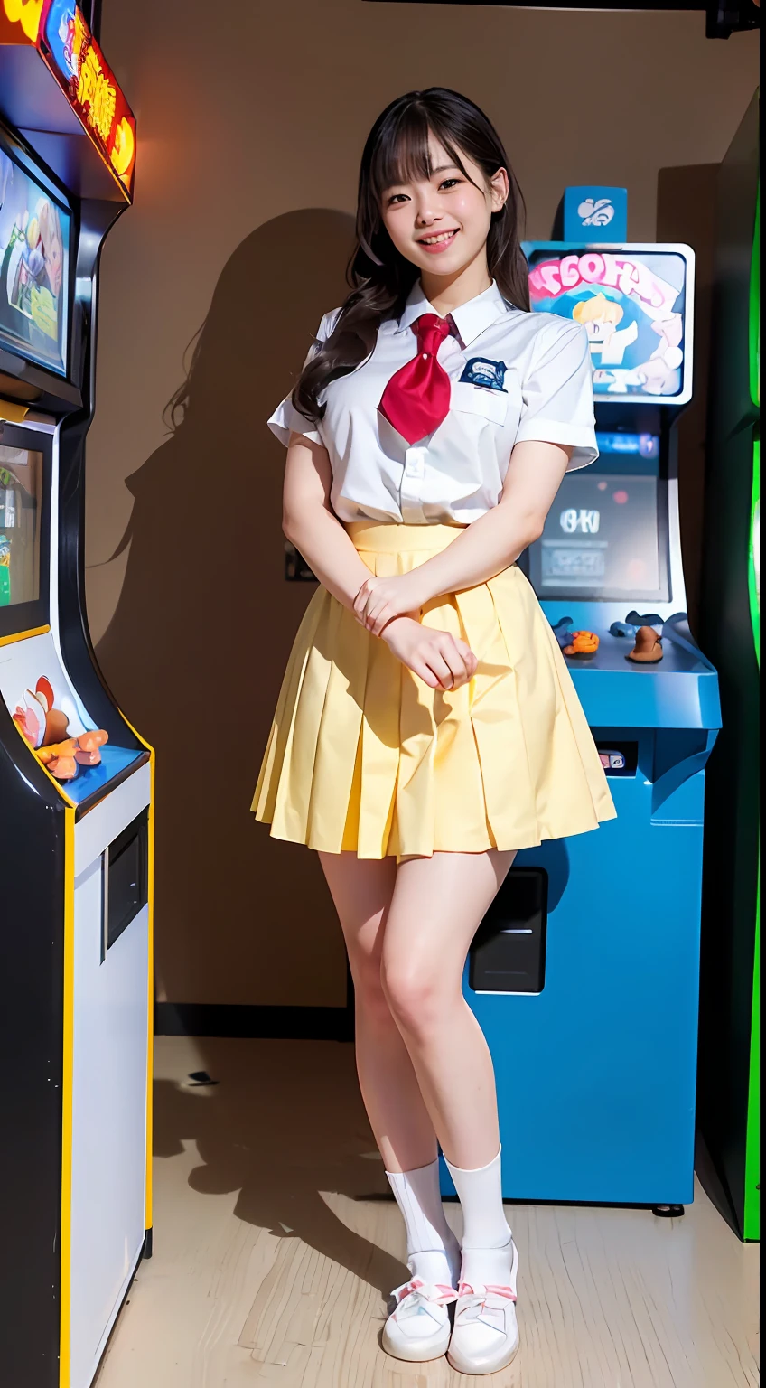 ((8K、Raw photography、top-quality、masterpiece)、(realisitic、photorealisim:1.37)、(top-quality)、(Best Shadows)、(The best illustrations)、鎖骨((爆乳))、((A sexy、超A high resolution、High Definition CG Unified 8K Denden Wallpaper、physically-based renderingt、Cinematographic lighting)、25 year old girl、 (sockes、high-school uniform:1.2), beautiful finely detailed eyes, Light on the Face, ((FULL BODYSHOT:1.2)), especially strong light, (Kamimei、Grinning smile:1.2),glowy skin、( thick thight), full of shyness, (The Flash:1.2), NSFW, (puffies, ((enchanting posture:1.2, enticing:1.2)),face perfect、kawaii faces、Schools、full body Esbian、Game Center、arcade、