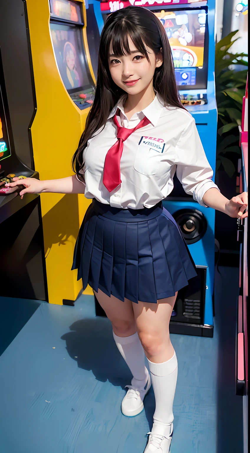 ((8K、Raw photography、top-quality、masterpiece)、(realisitic、photorealisim:1.37)、(top-quality)、(Best Shadows)、(The best illustrations)、鎖骨((爆乳))、((A sexy、超A high resolution、High Definition CG Unified 8K Denden Wallpaper、physically-based renderingt、Cinematographic lighting)、25 year old girl、 (sockes、high-school uniform:1.2), beautiful finely detailed eyes, Light on the Face, ((FULL BODYSHOT:1.2)), especially strong light, (Kamimei、Grinning smile:1.2),glowy skin、( thick thight), full of shyness, (The Flash:1.2), NSFW, (puffies, ((enchanting posture:1.2, enticing:1.2)),face perfect、kawaii faces、Schools、full body Esbian、Game Center、arcade、