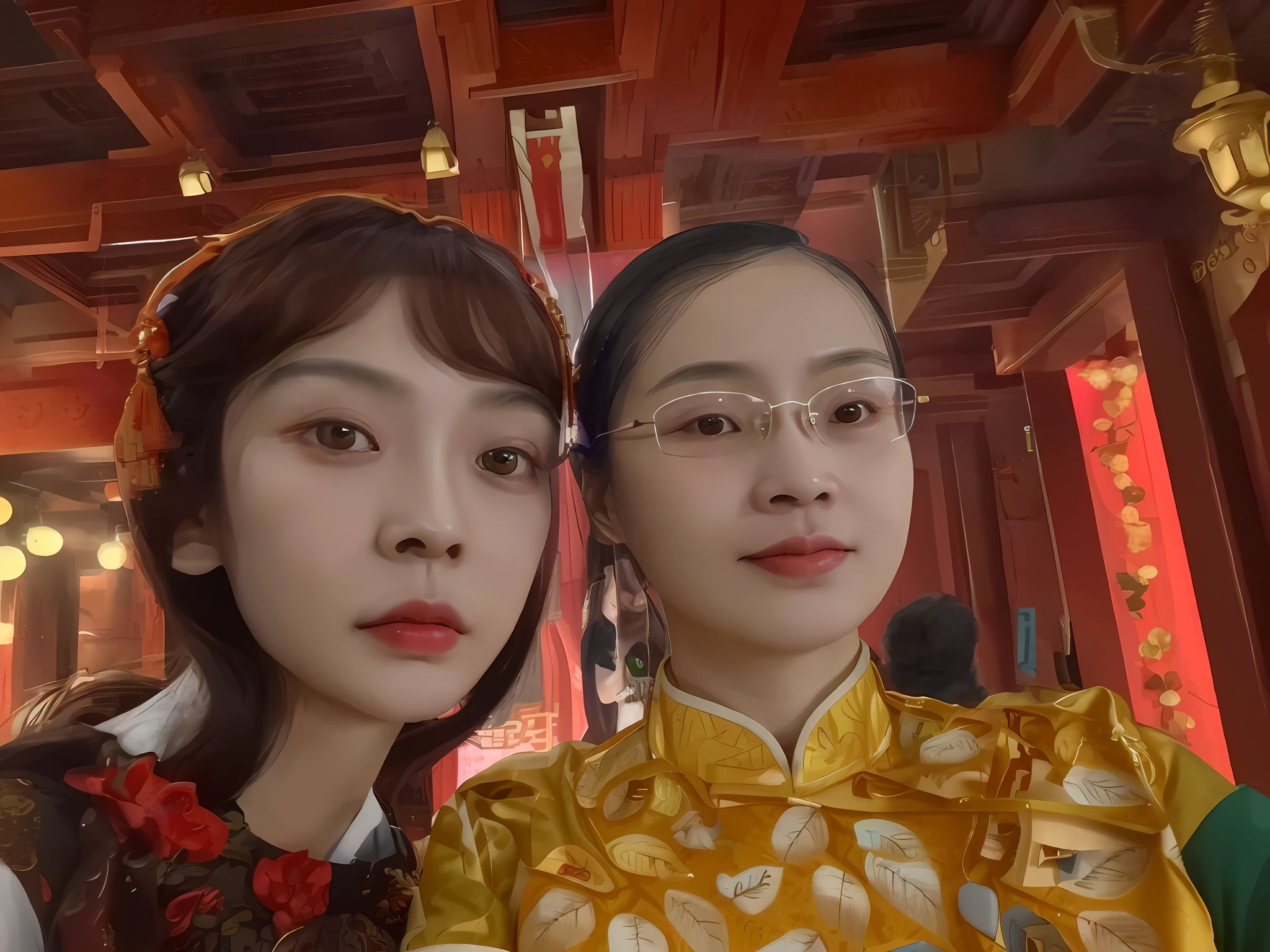 there are two women that are taking a selfie together, Ruan Jia and Fenghua Zhong, dang my linh, 8k selfie photograph, with acient chinese clothes, zmonzheng, very very low quality picture, very very low quality, Xianxia, 2 8 years old, yanjun cheng, Li Zixin, 2 7 years old