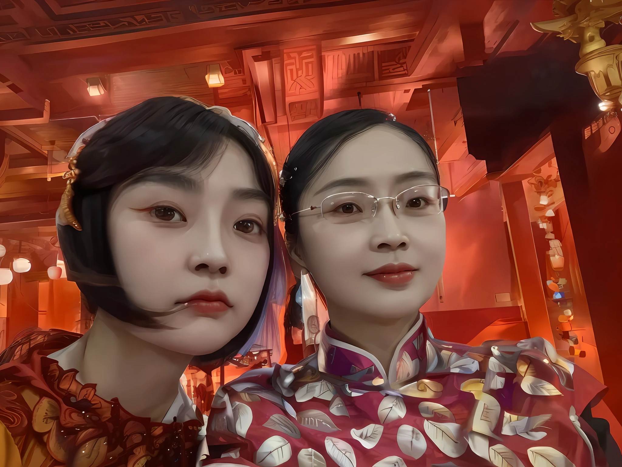 there are two women that are taking a selfie together, Ruan Jia and Fenghua Zhong, dang my linh, 8k selfie photograph, with acient chinese clothes, zmonzheng, very very low quality picture, very very low quality, Xianxia, 2 , yanjun cheng, Li Zixin, 2 7 years old