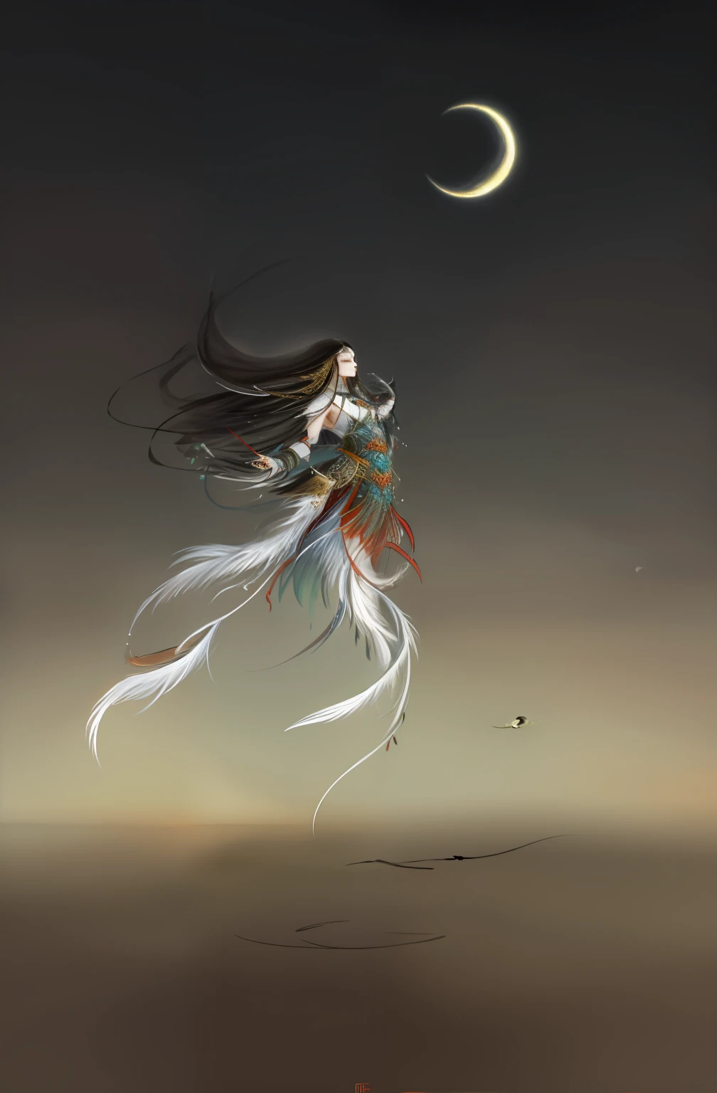 shanze, moon, cloud, crescent moon, sky, 1girl, long hair, solo, black hair, painting (medium), night, jewelry, traditional media, bird, feathers,
high quality,