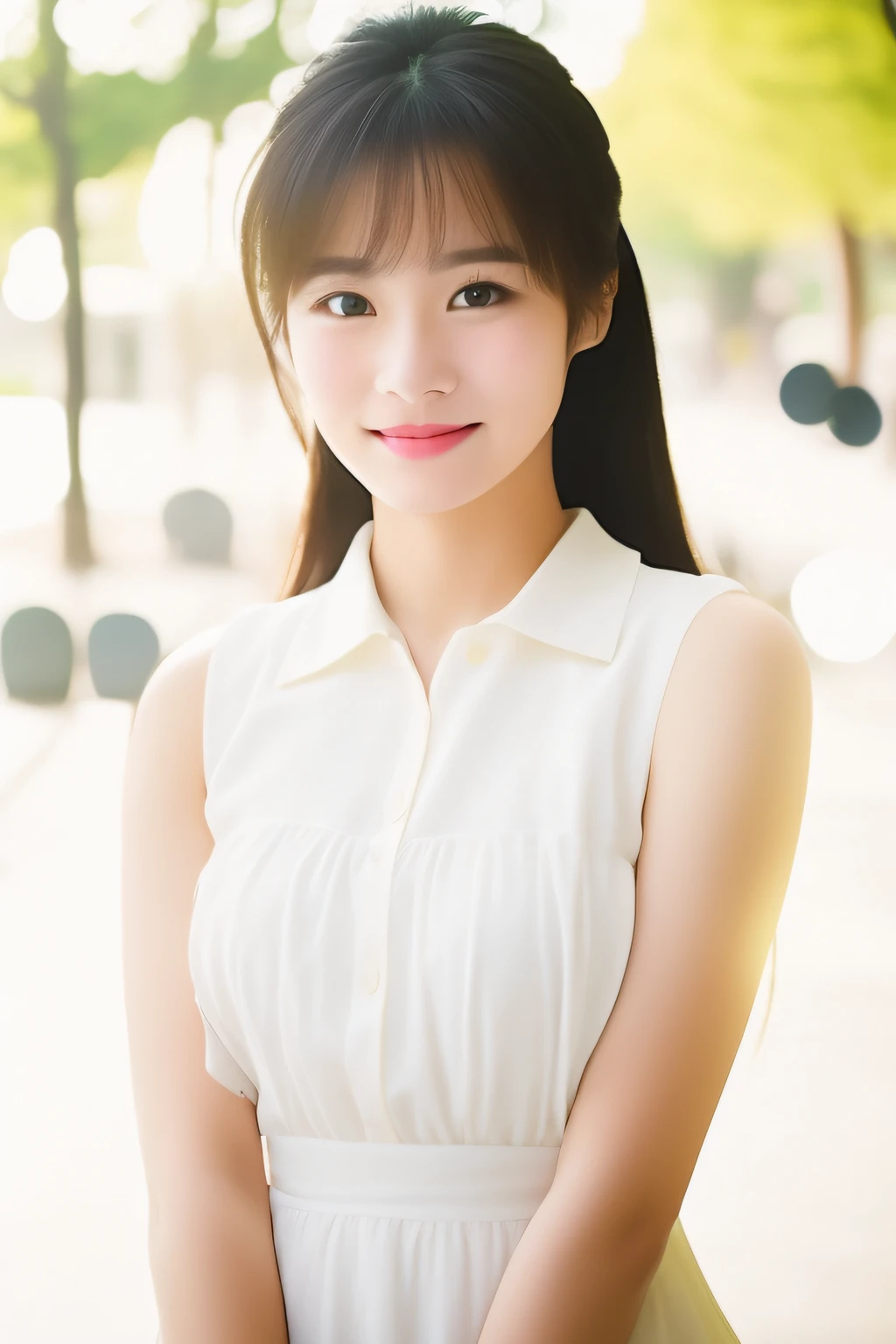 a woman in a white dress posing for a picture,a smile、campus