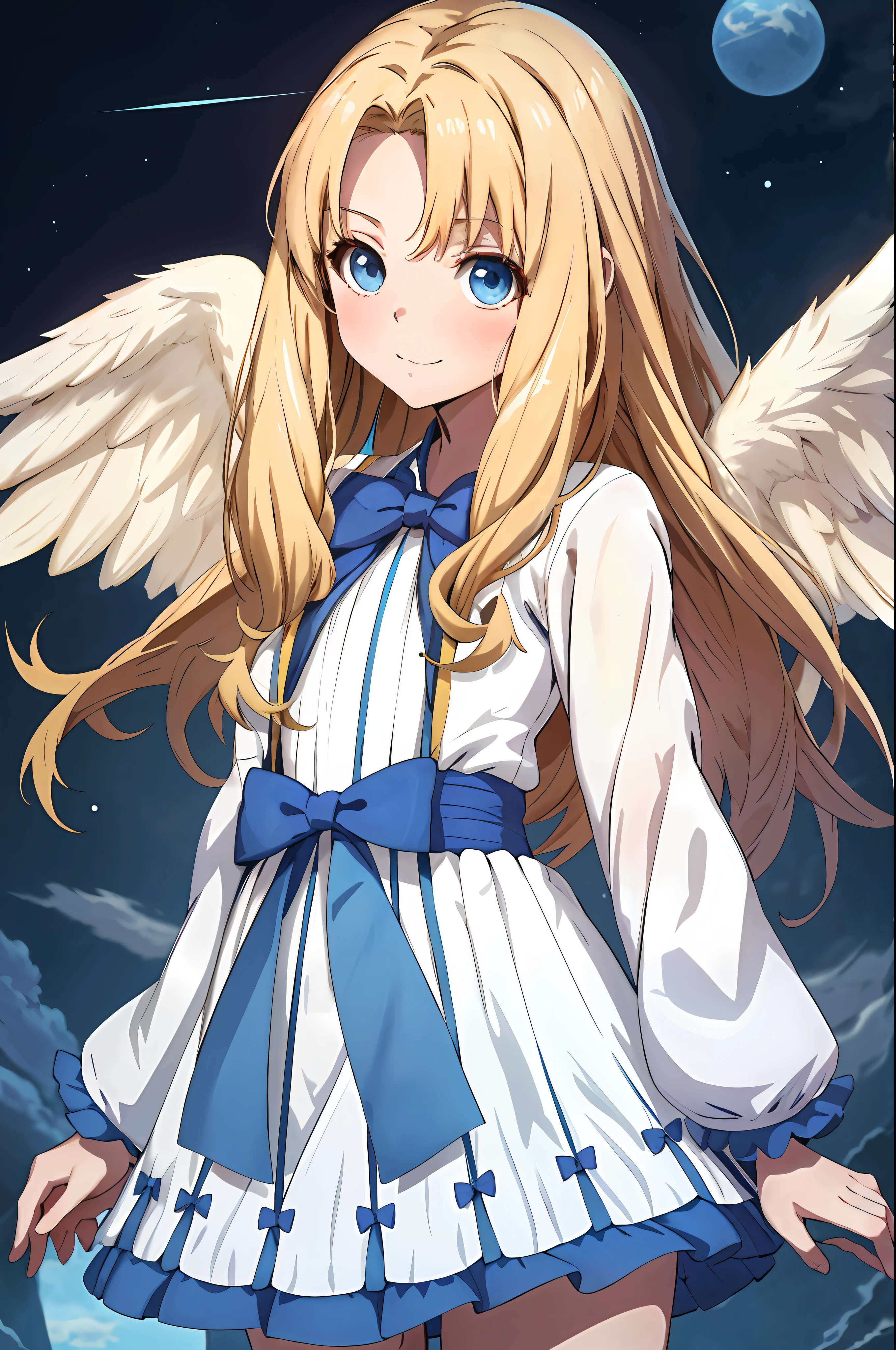 filo, anime style girl, upper body, 1girl, solo, happy, white wings, hite dress, blue bow, long hair, blue eyes, looking at viewer, parted bangs, bent over, arms behind back, highest quality, high resolution.