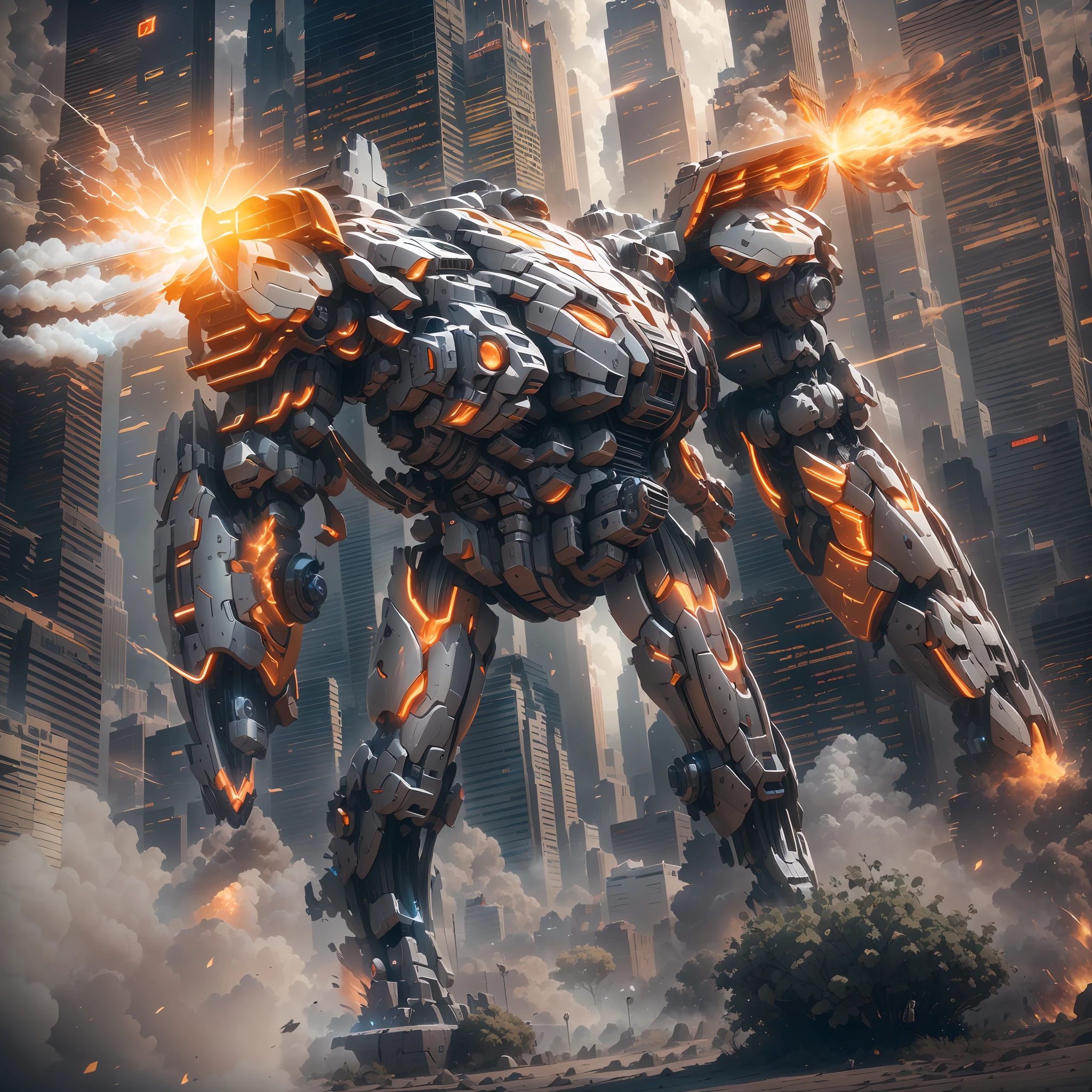 (a super mech sports car), a large amount of energy short barrel on the back, facing the camera, tall buildings, energy cannon fire, tall and mighty, solid armor, futuristic technology, sharp lines, dynamic shapes, mechanical joints, armor plates, sensors, energy weapons, blazing energy, shining light, explosion effect, smoke and dust, tense atmosphere, (octane rendering: 1.4), best quality, (highly realistic), (super detail: 1.5), C4D rendering, cinematic quality