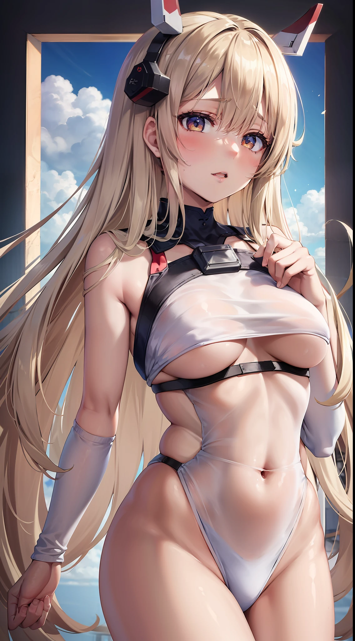 1 girl, Solo, Ayanami from Azur Lane,dynamicposes, Student clothing，校服，tightsuit, (Masterpiece), (Best quality), Detailed eyes, Beautiful hands, straight hands, Shiny hair, Light blonde hair, Long hair, Straight hair, reddish orange eyes. full bodyesbian, Sweaty, Small breasts, standing, Blue sky, (((Sexy outfits))), standing, (Highly detailed detail),surrealism, shadowing, anaglyph, stereograms, tachi-e, angle of view, Atmospheric perspective, Close-up, 8K, Super detail, ccurate, Golden section，profesional lighting，cinematic compositions，Complete persona，Panorama mode。