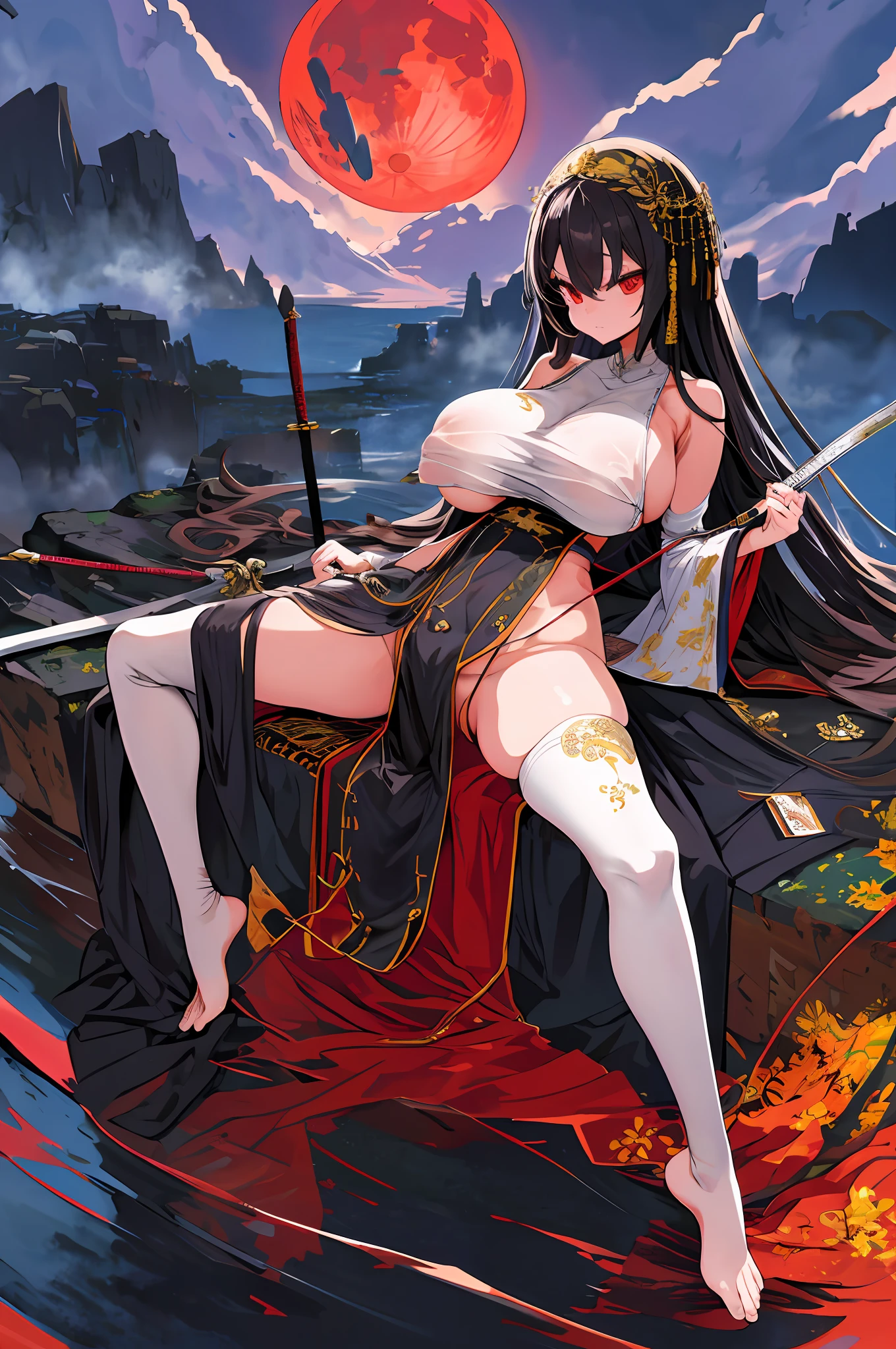 ​masterpiece, top-quality, high_resolution, fine detailed, highly detailed and beautiful, Distinct_image, 1 rapariga, 独奏, , A dark-haired, red eyes, (huge-breasted), (tits out),(Sister Costumes),(veils), chies,Monastic uniforms,long slit,(thighhigh),((Red Moon)),Full body,Arms behind your head, , {Spread legs}, archaeology, Crab crotch,(Hill of Swords)