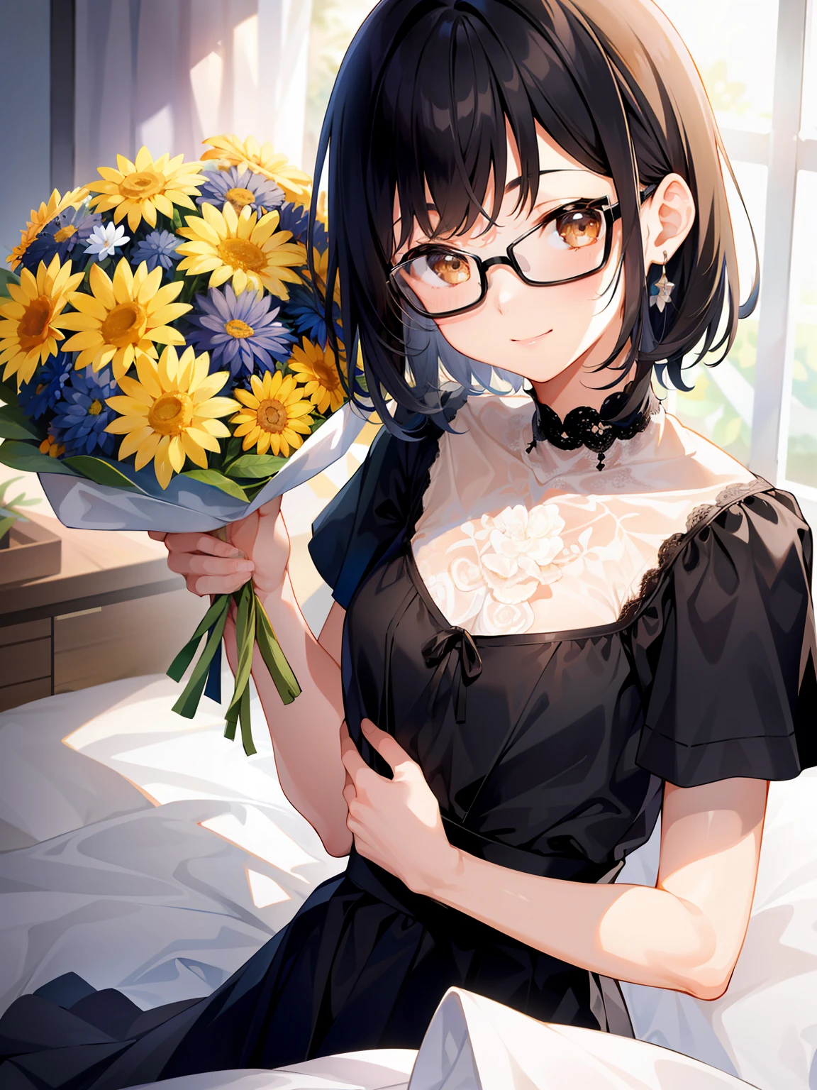 (girl with、独奏、a junior high school student、A dark-haired、short-hair、straight haired、hair adornments、Light brown eyes、A smile、wearing black glasses、small tits、cute  face)、​masterpiece、best qualtiy、ultra-detailliert、illustratio、White lace blouse、Black pants、holding a bouquet of flowers in both hands