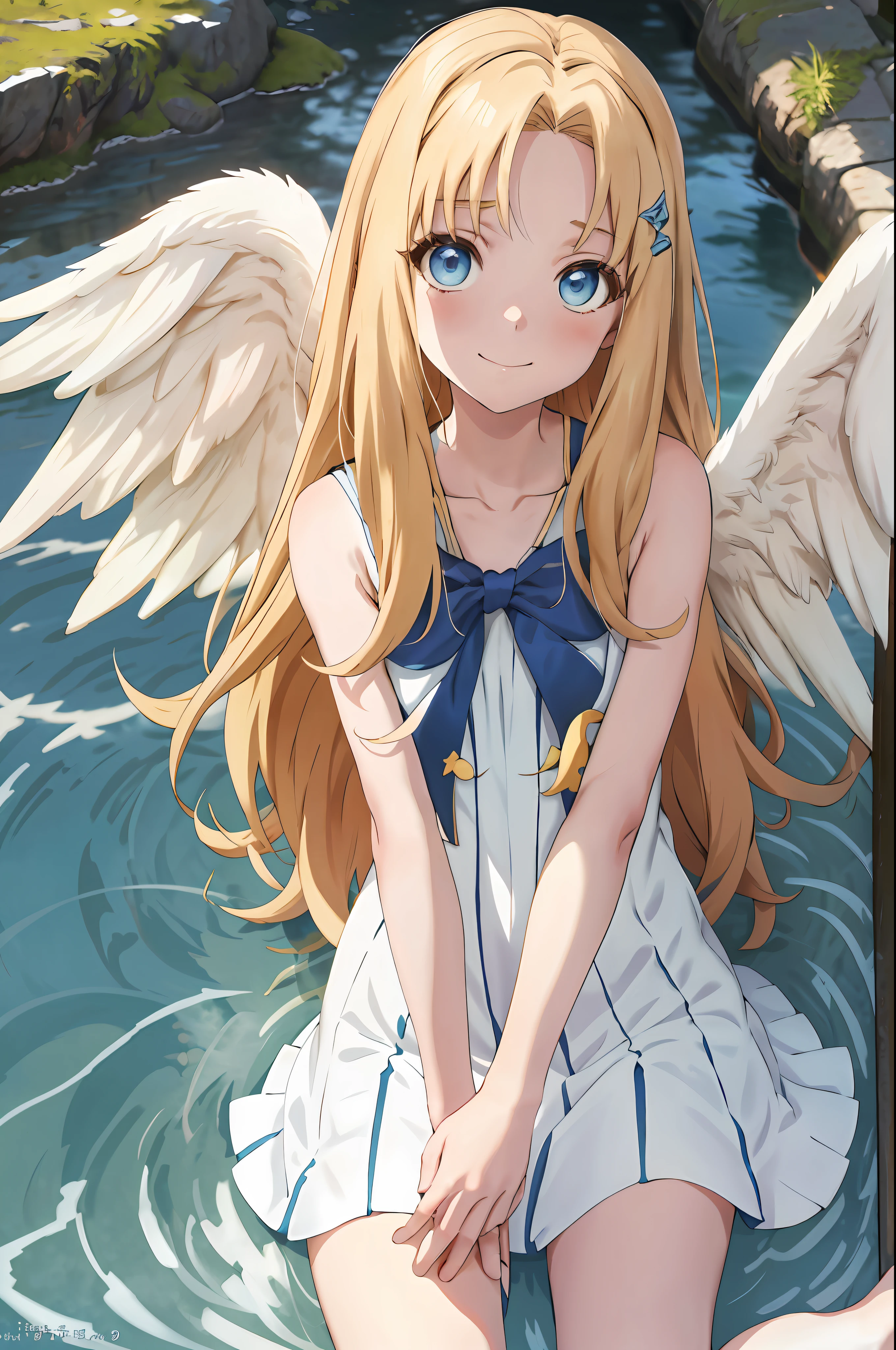 filo, anime style girl, upper body, 1girl, solo, happy, white wings, hite dress, blue bow, long hair, blue eyes, looking at viewer, parted bangs, bent over, arms behind back, bare shoulders, delicate and sexy collarbone, beach, highest quality, high resolution.