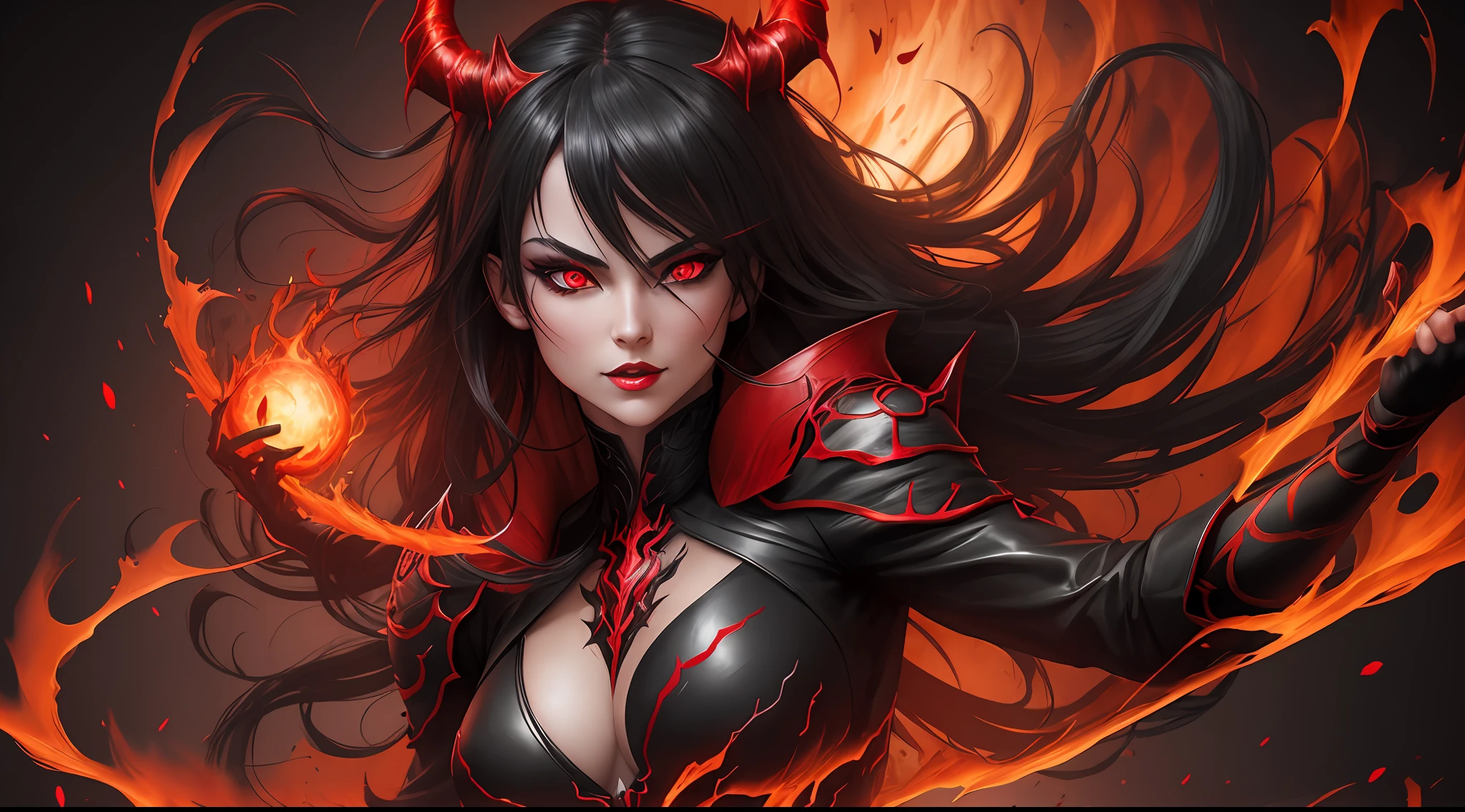 female demon, black background, red energy magic, red glowing eyes, german girl, dynamic pose, kawaii, fit build, gorgeous perfect face, in the style of realistic and hyper detailed renderings, zbrush, hyper realistic oil, contoured shading, dark scene, darkness
