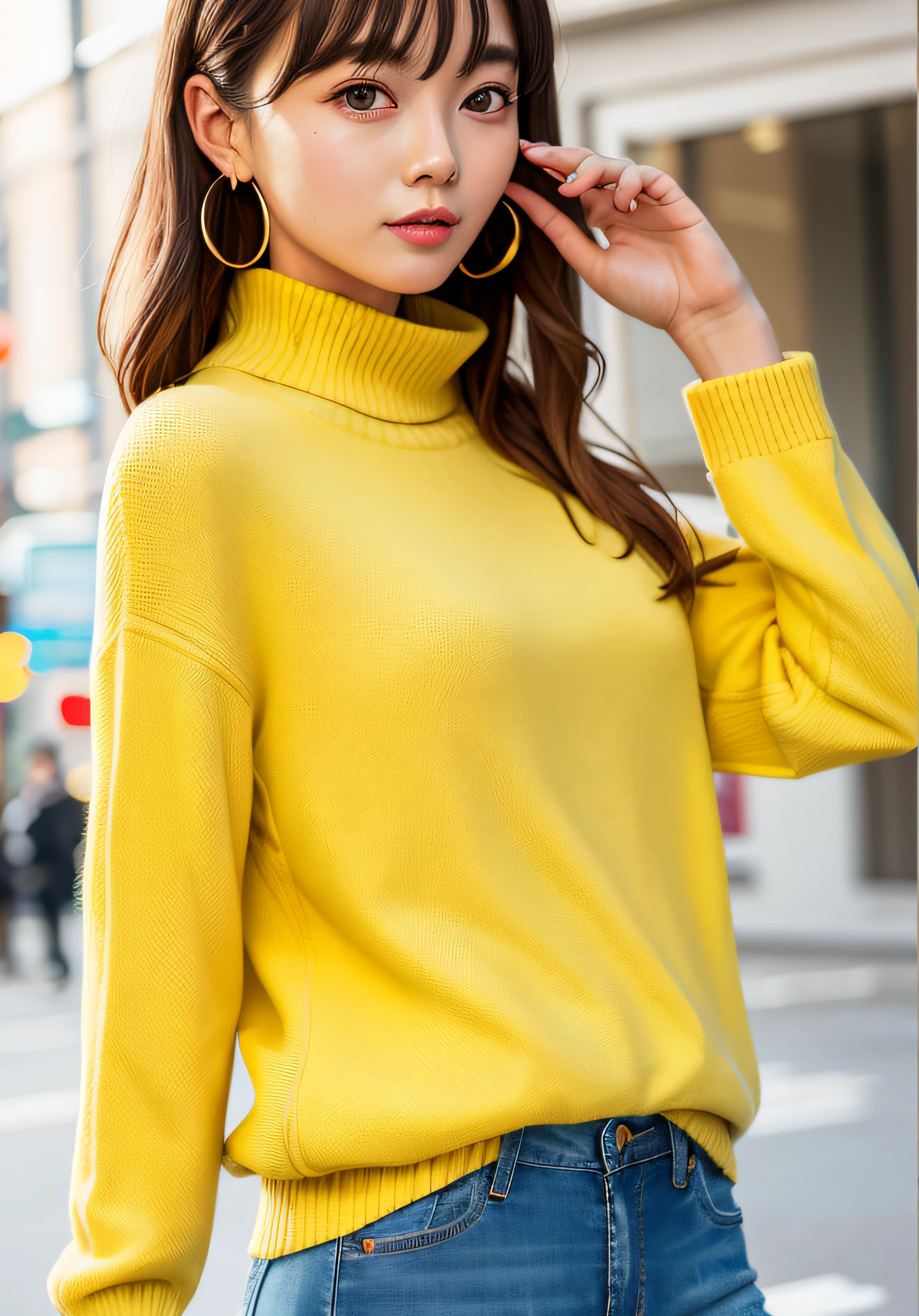 tmasterpiece，best qualtiy，（Very detailed CG unity 8K wallpaper）（best qualtiy），One was wearing a yellow shirt and jeans，cropped wide sleeve，Yellow turtleneck shirt，pastel clothing，wearing tight simple clothes，Big breasts Thin waist，detailled image，korean women's fashion model，Puff sleeves，Wear a yellow sweater，designed for cozy aesthetics，advertisement picture，Casual clothing，wearing elegant casual clothes。