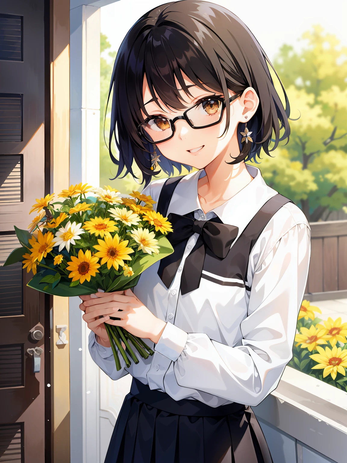 (girl with、独奏、a 、A dark-haired、short-hair、straight haired、hair adornments、Light brown eyes、A smile、wearing black glasses、small tits、cute  face)、​masterpiece、best qualtiy、ultra-detailliert、illustratio、White lace blouse、Black pants、holding a bouquet of flowers in both hands