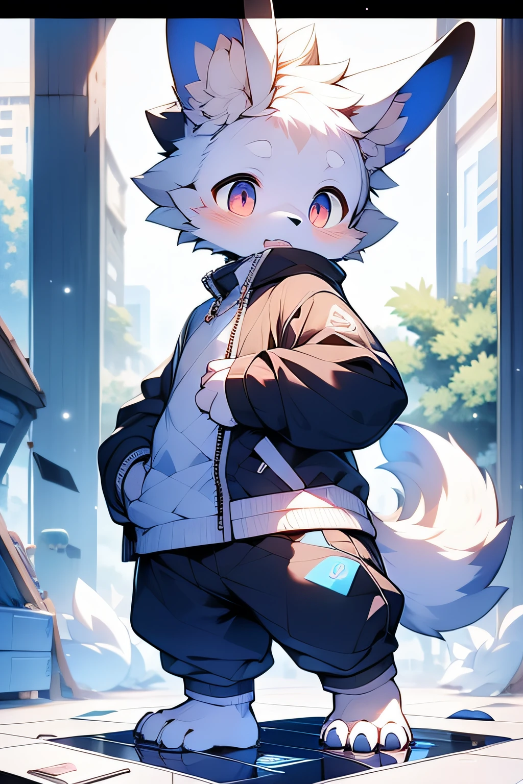 Furry Dogs Forelimb Hands Hindlimb Legs and Feet Standing Shota ********** Overall White Head, arms, body, legs with bluish black pattern, whole body, pink flesh pad, eyes and pupils blue, furry, no clothing, two ears