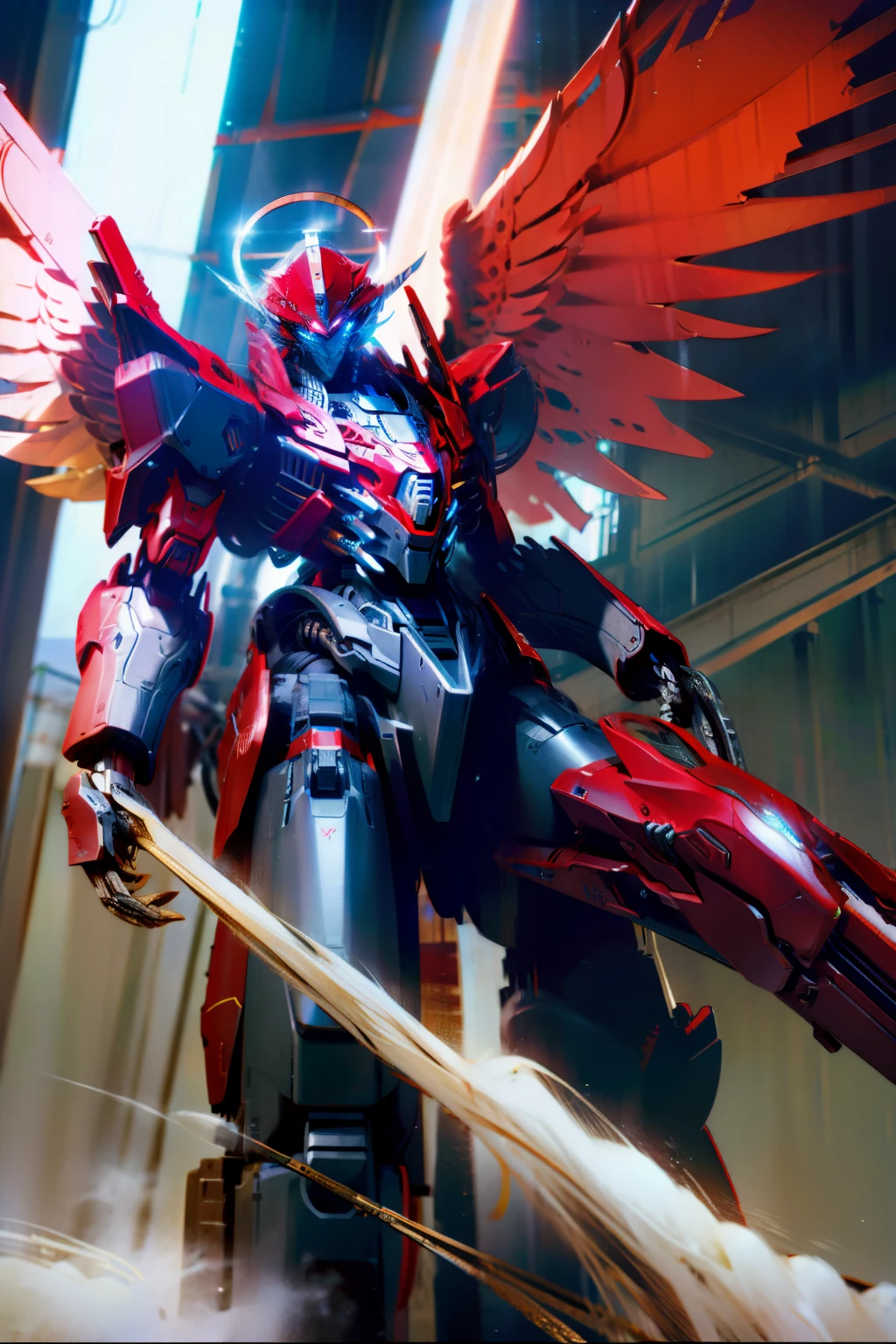 Black red,mechs,angelic halo,Mechanical wings,Huge machinery,城市